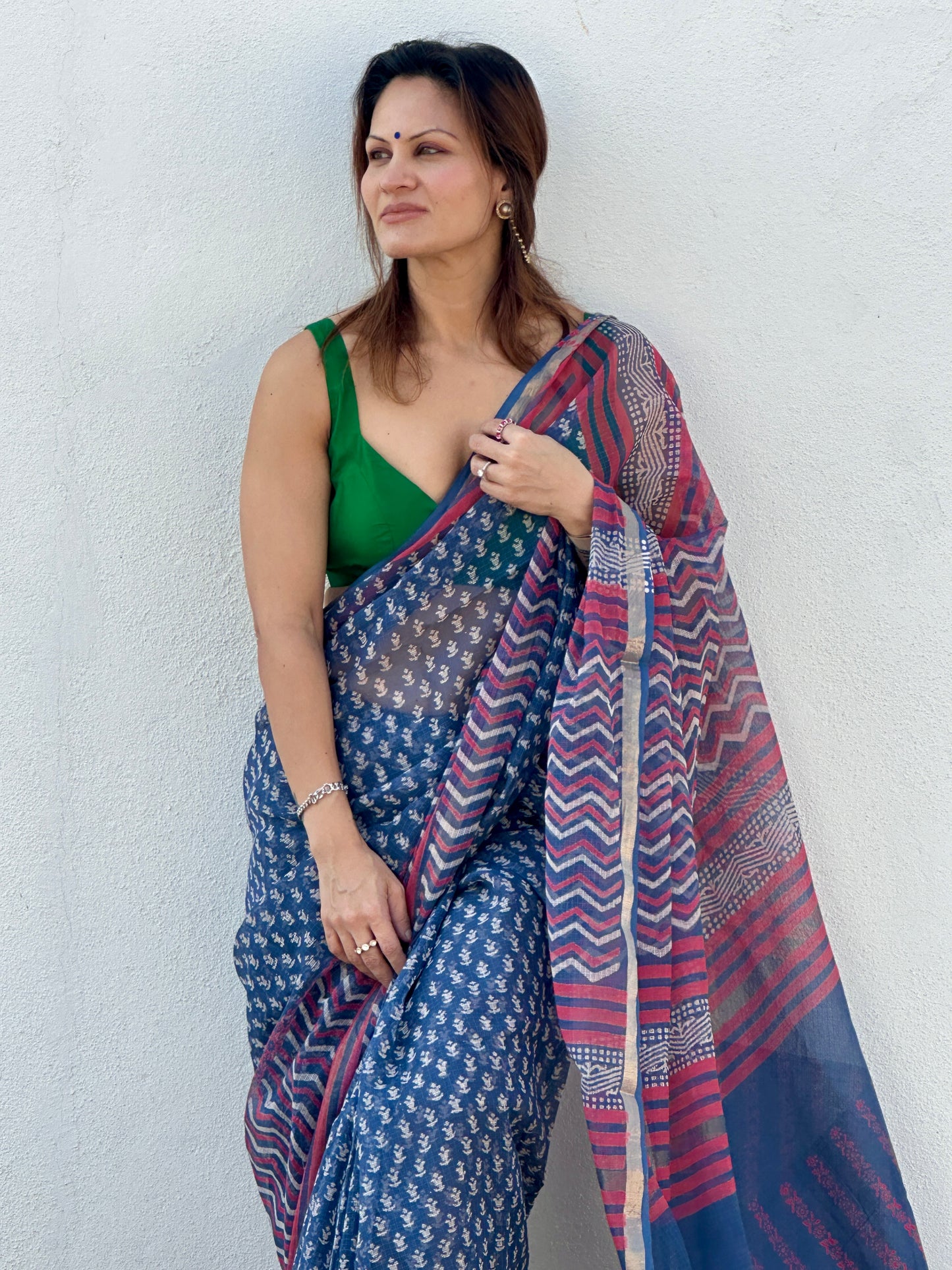 Blue Kota Cotton Block Print Saree