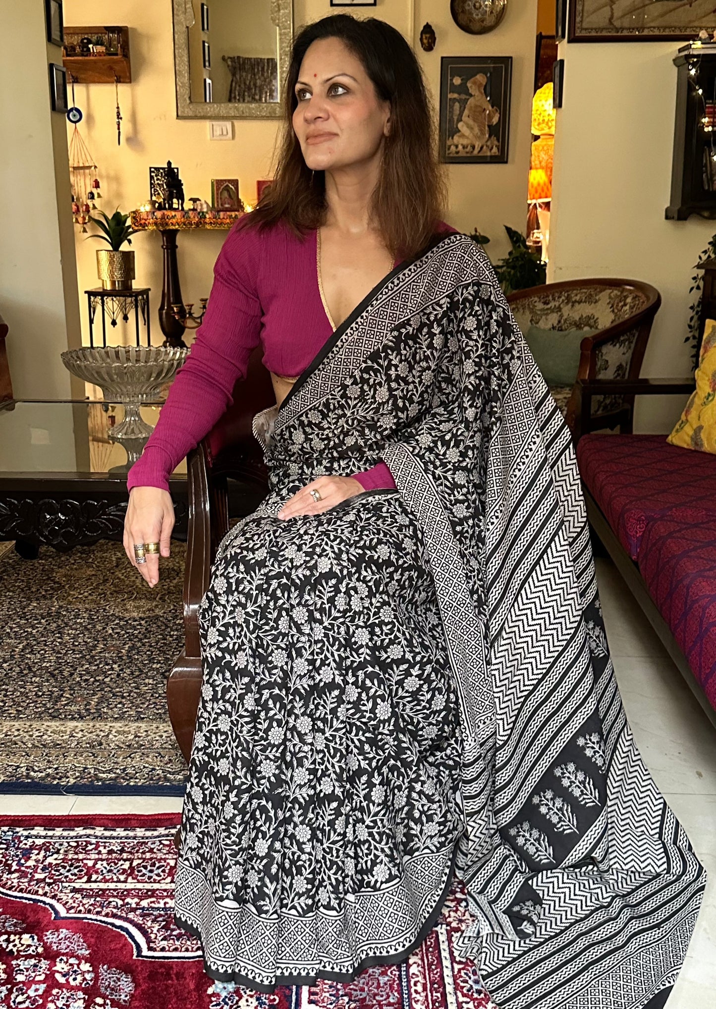 Mul Mul Cotton Hand block Bagru print sari - Raahini