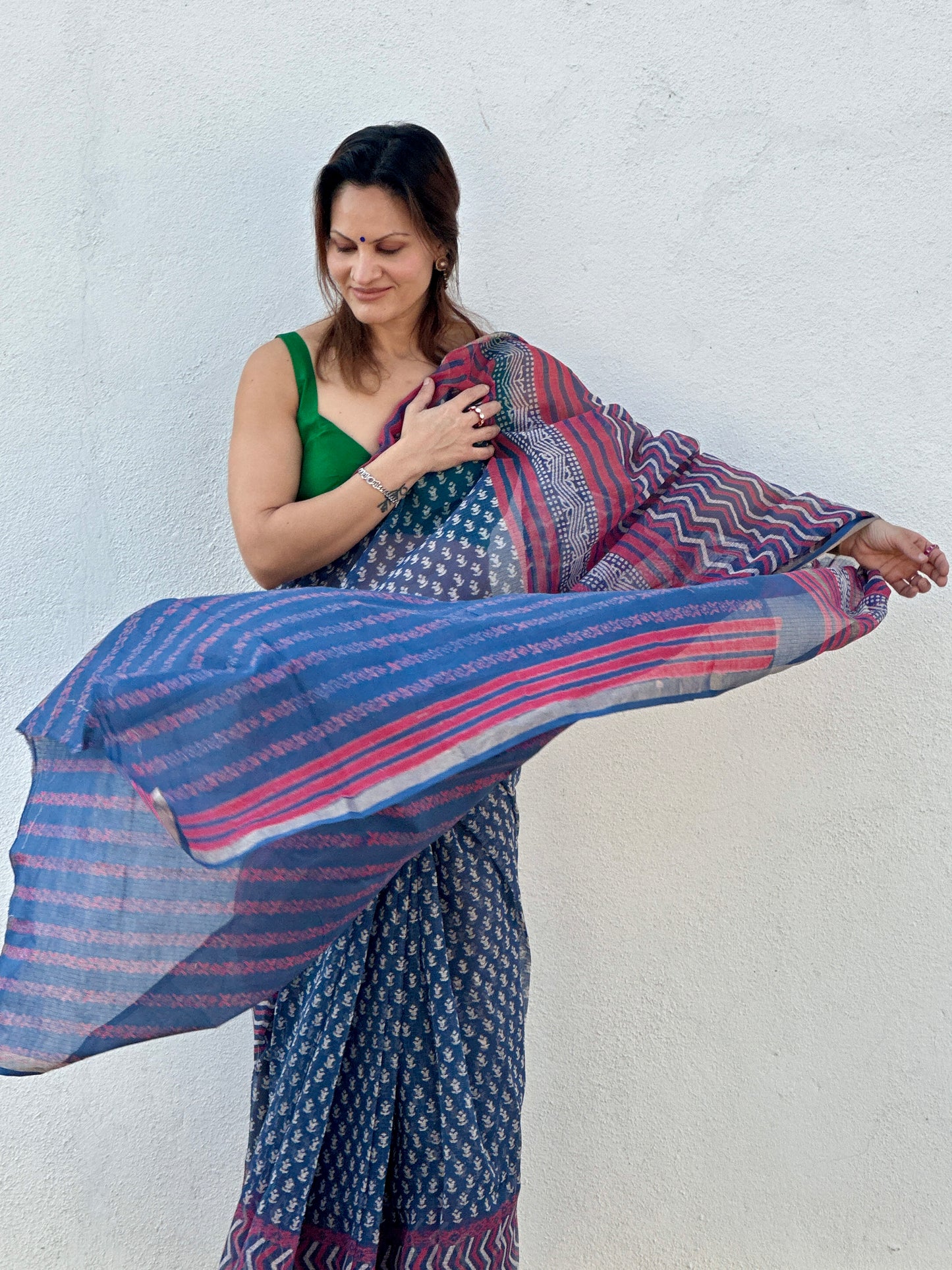 Blue Kota Cotton Block Print Saree