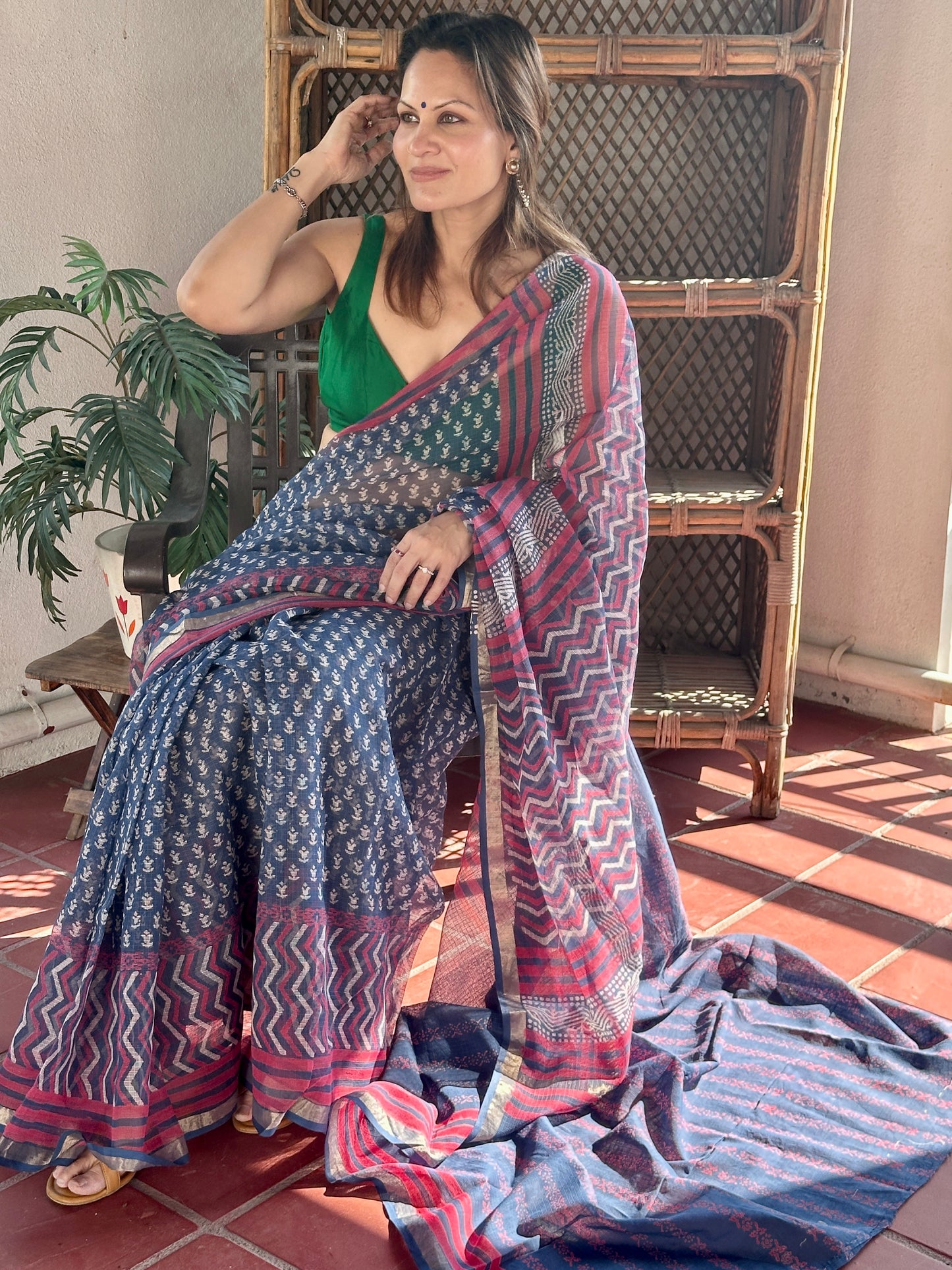 Blue Kota Cotton Block Print Saree