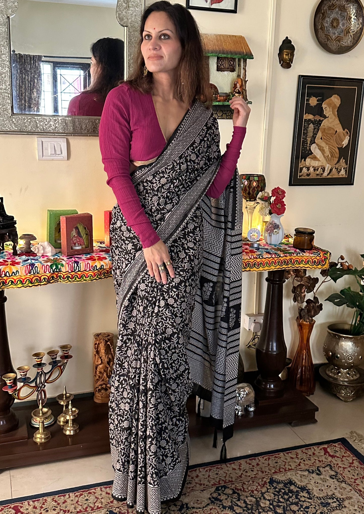 Mul Mul Cotton Hand block Bagru print sari - Raahini