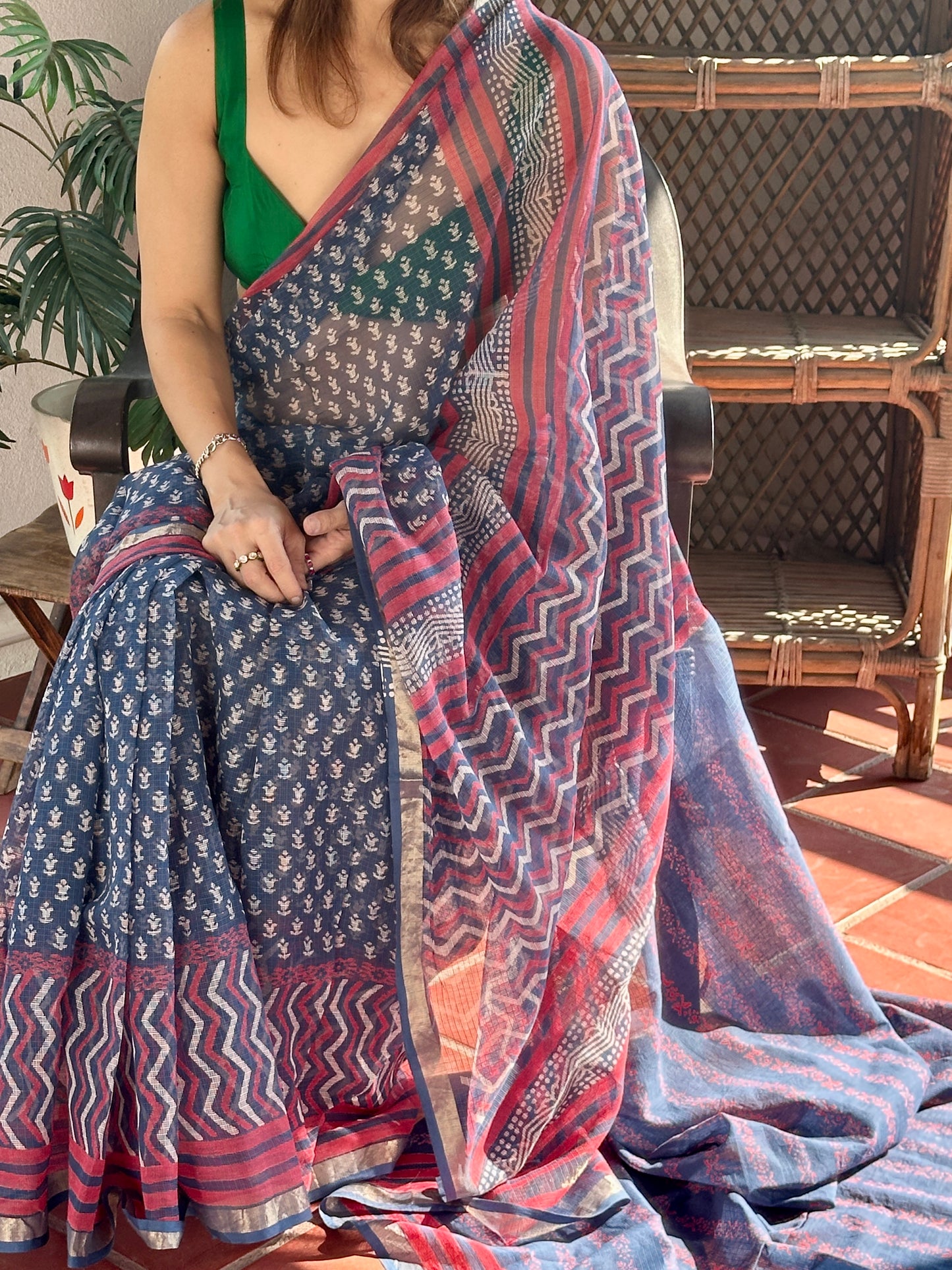 Blue Kota Cotton Block Print Saree
