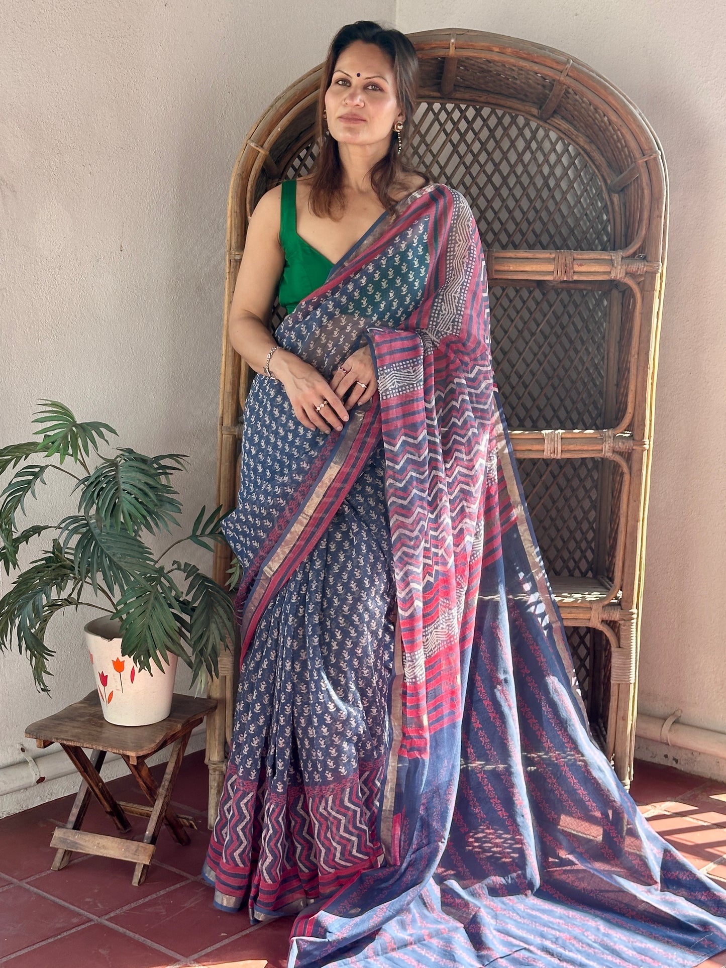 Blue Kota Cotton Block Print Saree