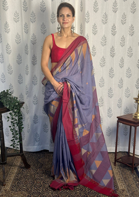 Lavender & Red Handloom Soft Cotton Jamdani Sari with Woven Pattern & Zari Stripes