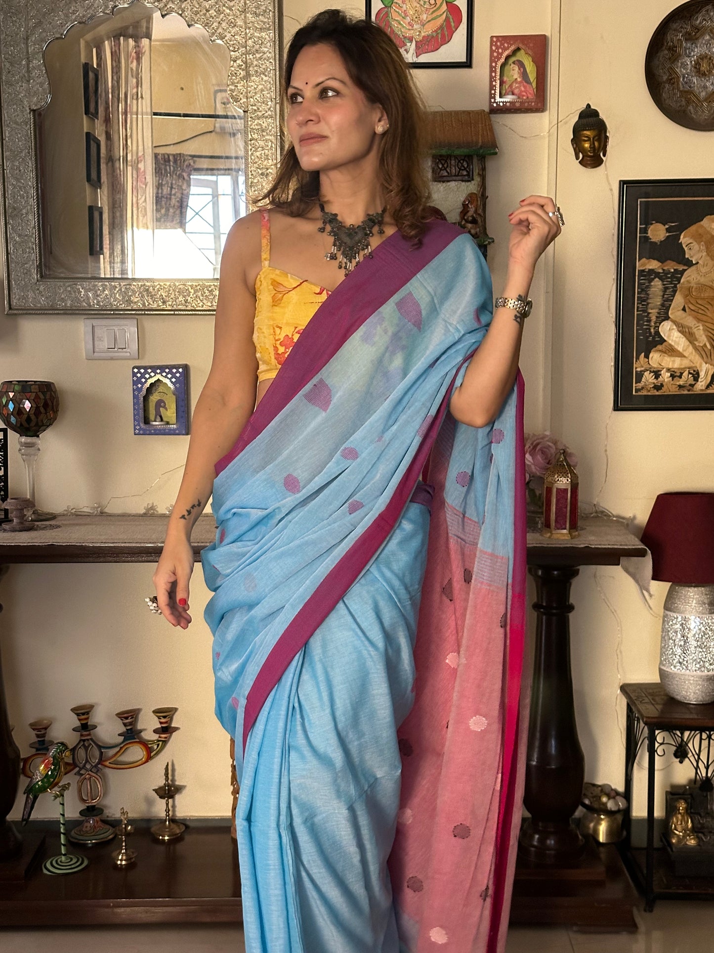 Blue Handloom Pure Cotton Jamdani Sari with Woven Delicate Motifs & Contrast Pink Border & Pallu