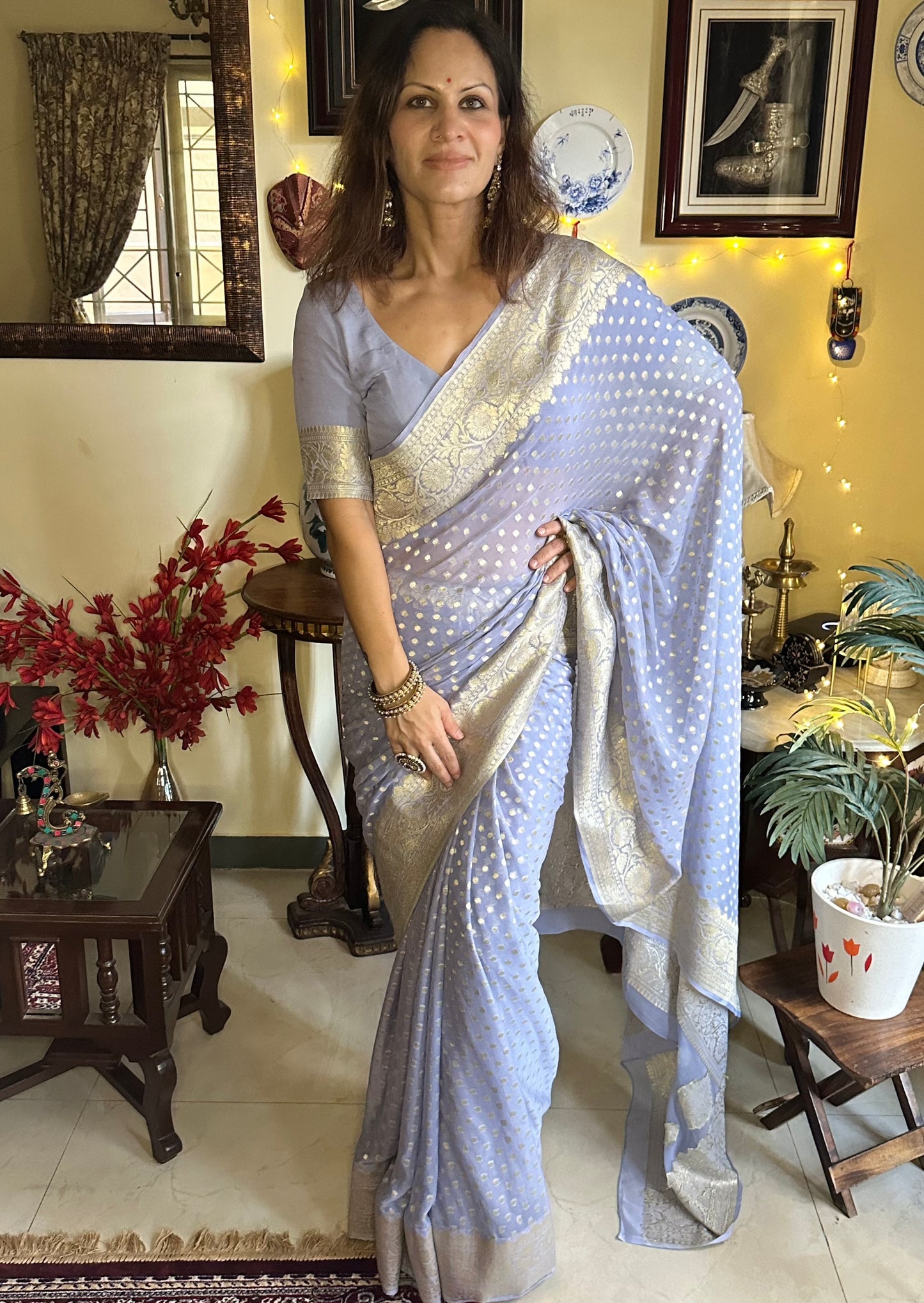 Banarasi Pure Khaadi Georgette Sari with Dual Tone Water Zari - Raahini