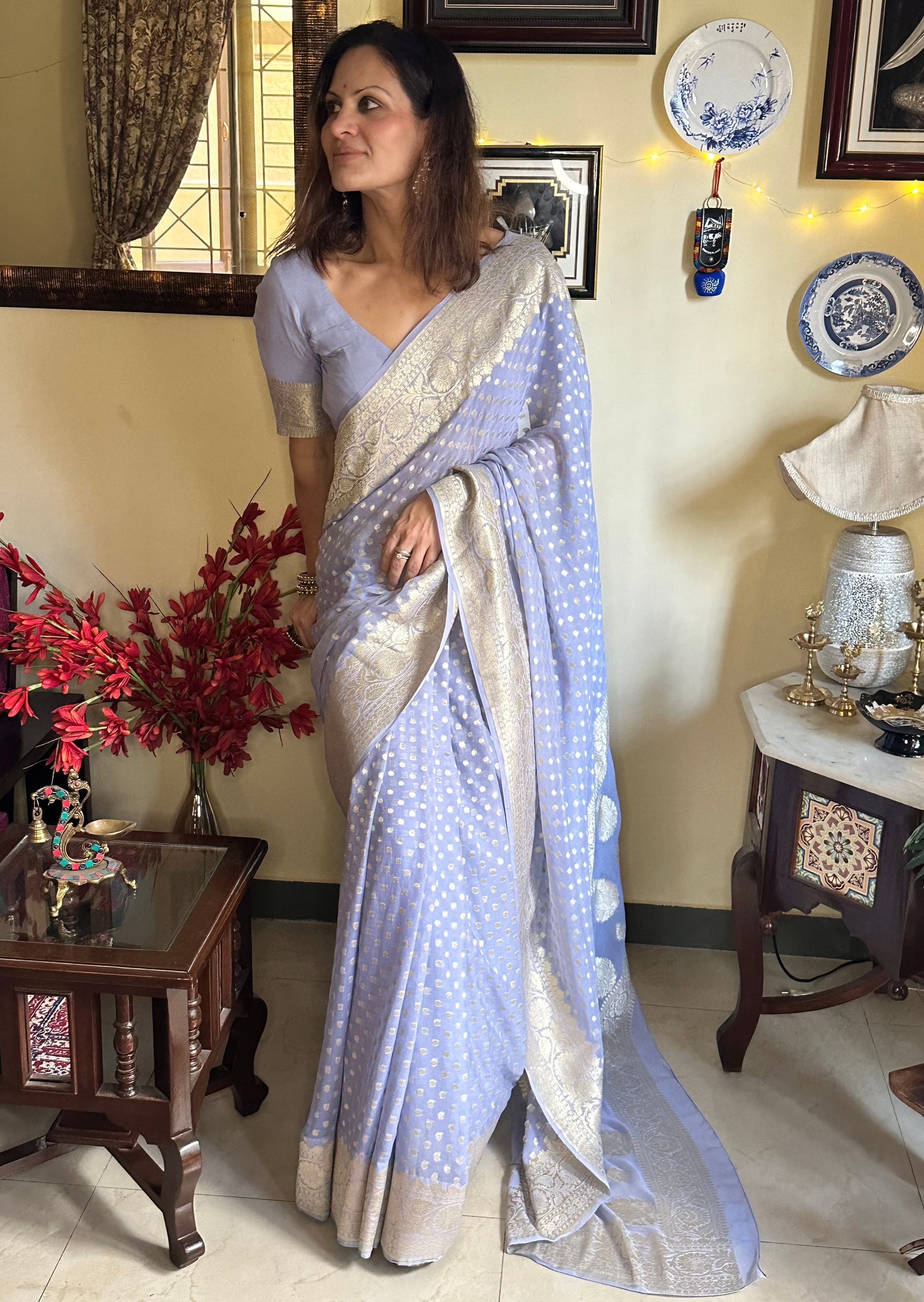 Banarasi Pure Khaadi Georgette Sari with Dual Tone Water Zari - Raahini