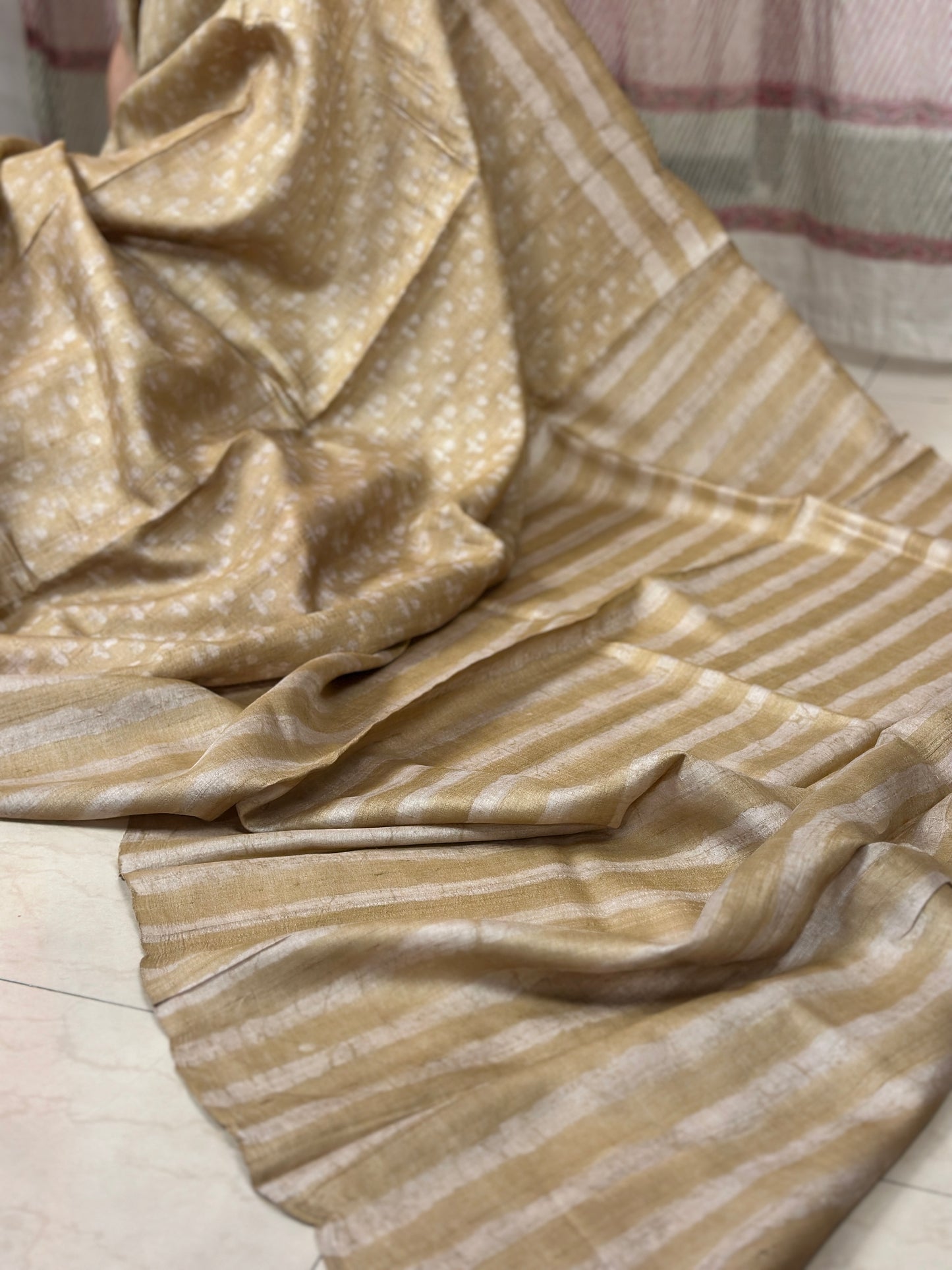 Beige Natural Hand Dyed Block Print Pure Tassur Silk Saree