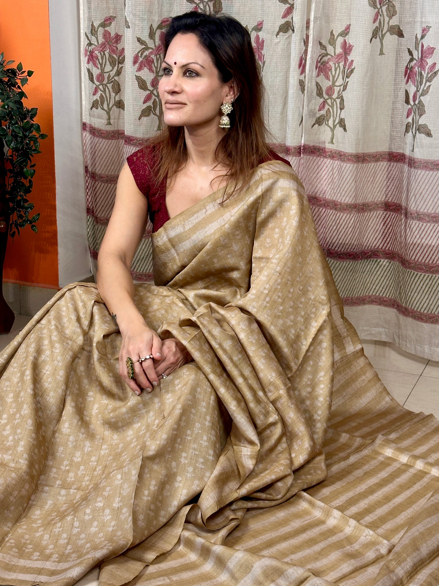 Beige Natural Hand Dyed Block Print Pure Tassur Silk Saree