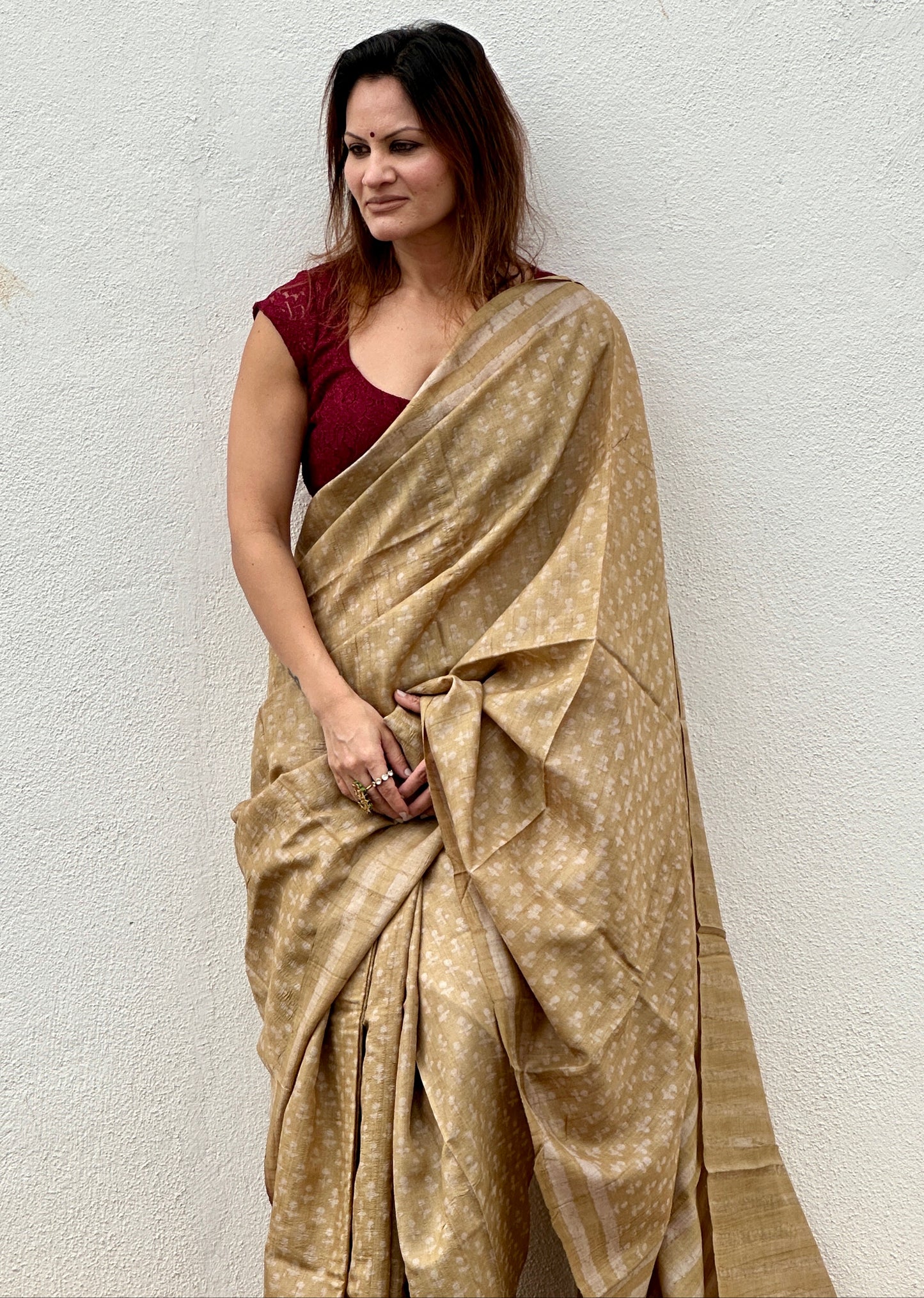 Beige Natural Hand Dyed Block Print Pure Tassur Silk Saree