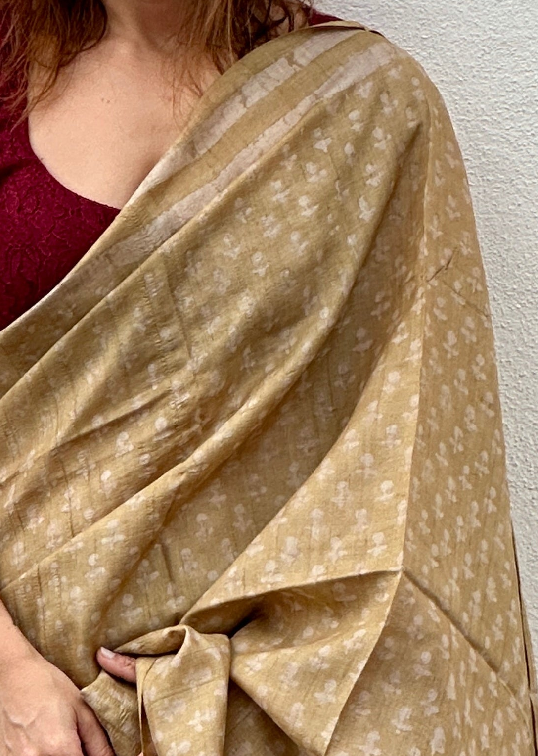 Beige Natural Hand Dyed Block Print Pure Tassur Silk Saree