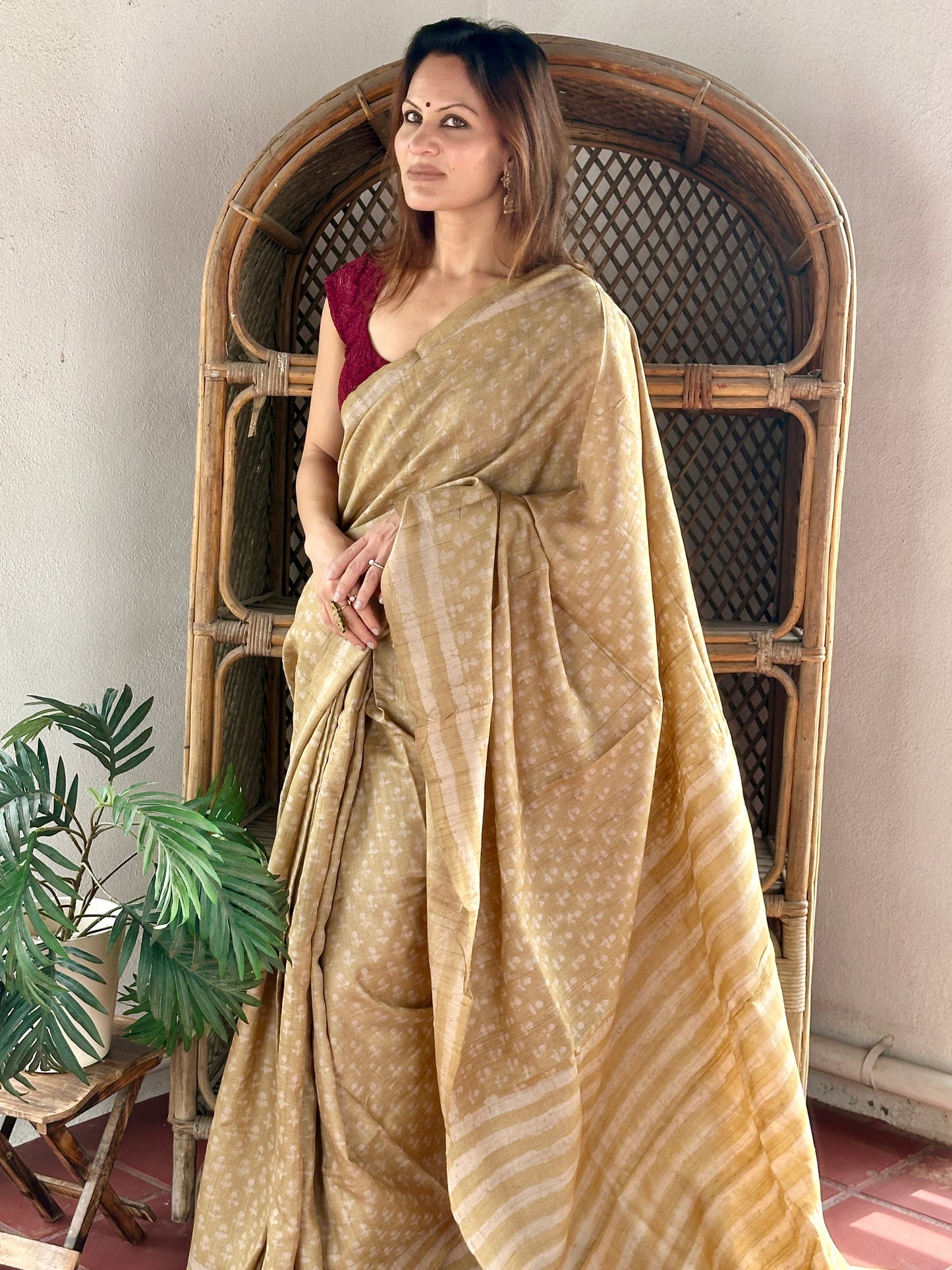 Beige Natural Hand Dyed Block Print Pure Tassur Silk Saree