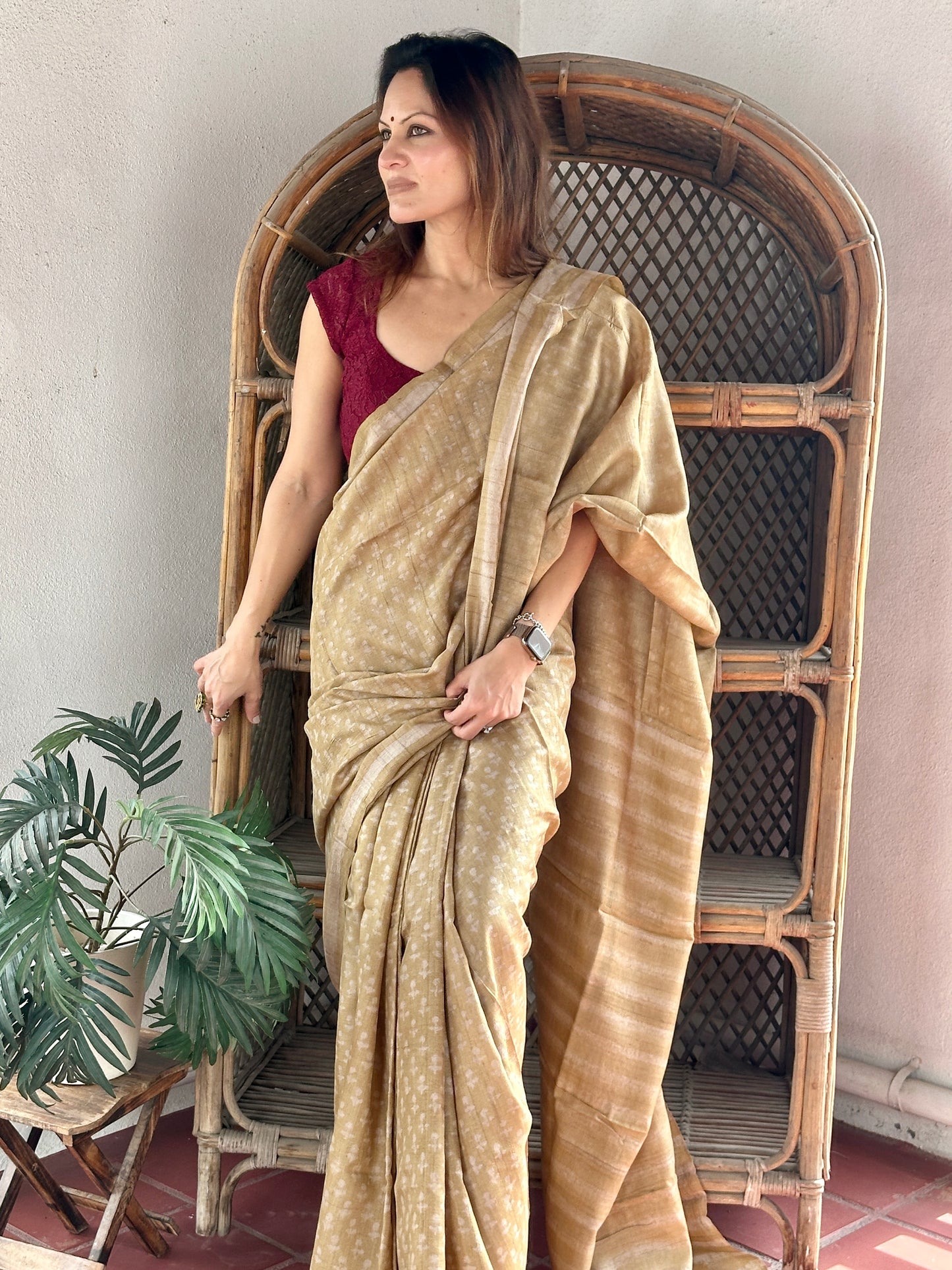 Beige Natural Hand Dyed Block Print Pure Tassur Silk Saree