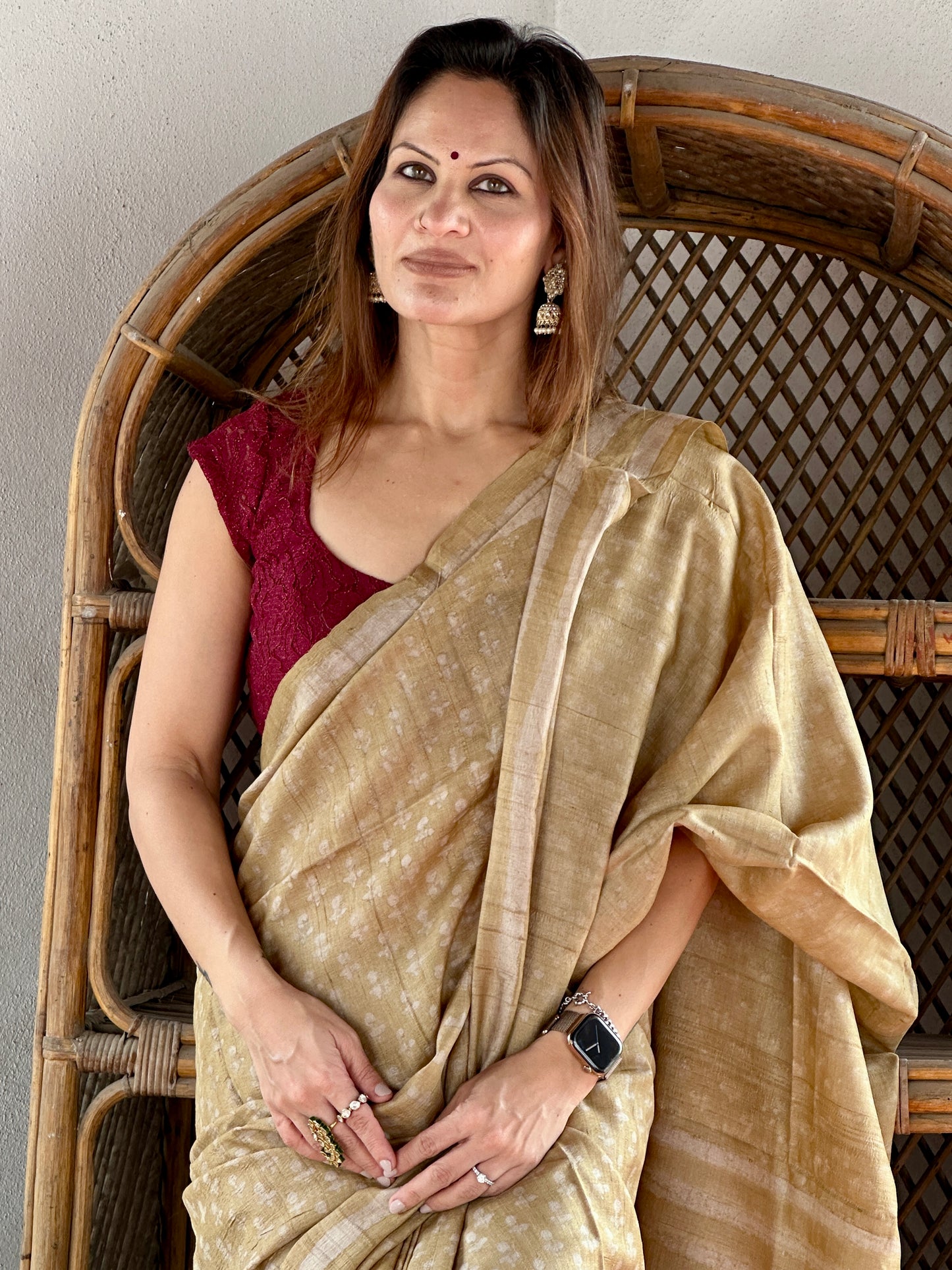 Beige Natural Hand Dyed Block Print Pure Tassur Silk Saree