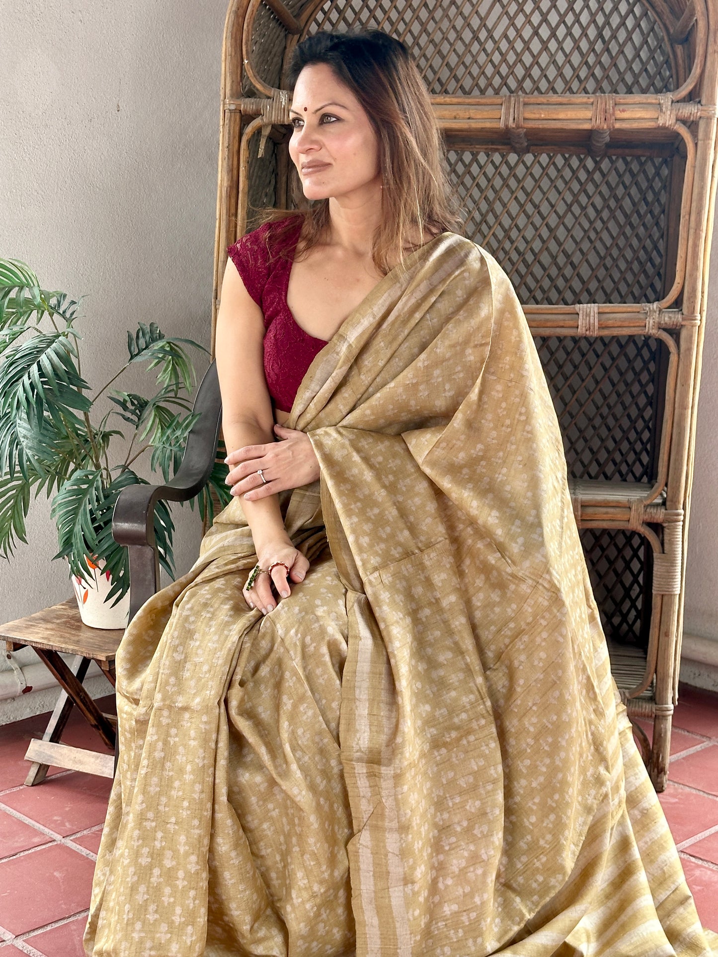 Beige Natural Hand Dyed Block Print Pure Tassur Silk Saree
