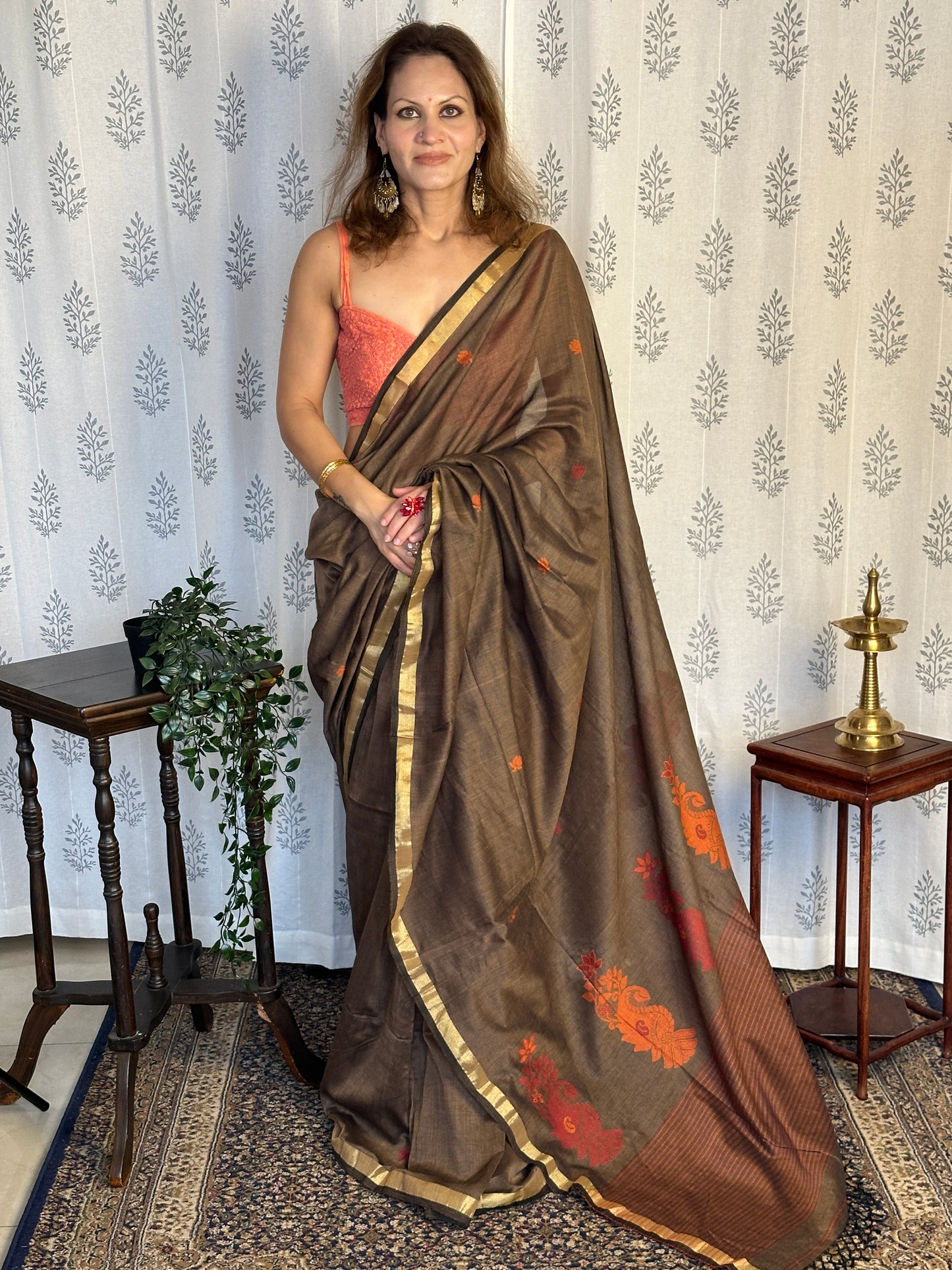 Brown Baluchari Sari with Handwoven Design, Floral Butis, & Zari Border