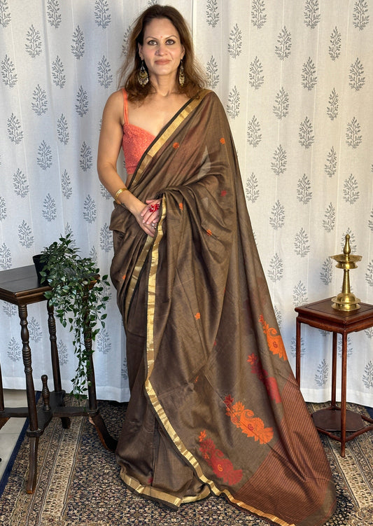 Brown Baluchari Sari with Handwoven Design, Floral Butis, & Zari Border