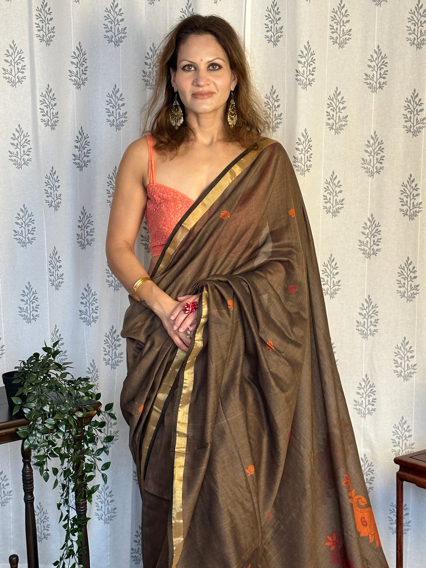 Brown Baluchari Sari with Handwoven Design, Floral Butis, & Zari Border