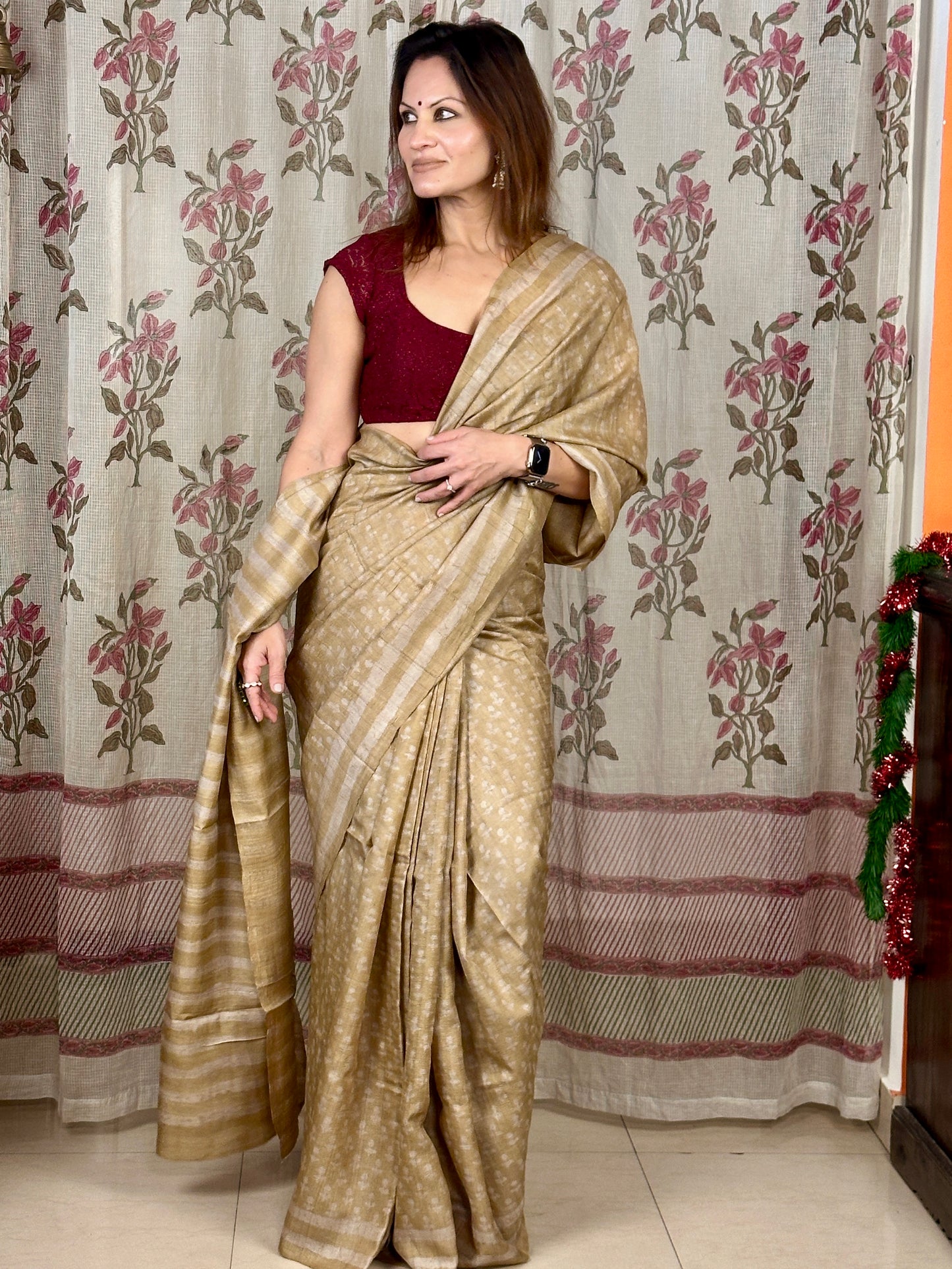 Beige Natural Hand Dyed Block Print Pure Tassur Silk Saree
