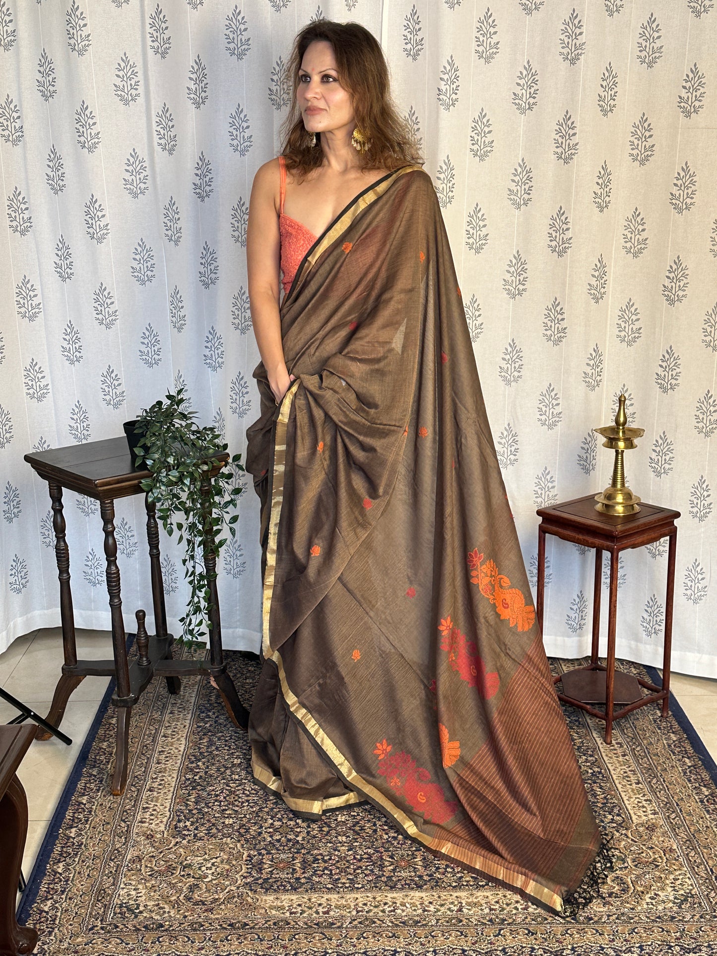 Brown Baluchari Sari with Handwoven Design, Floral Butis, & Zari Border