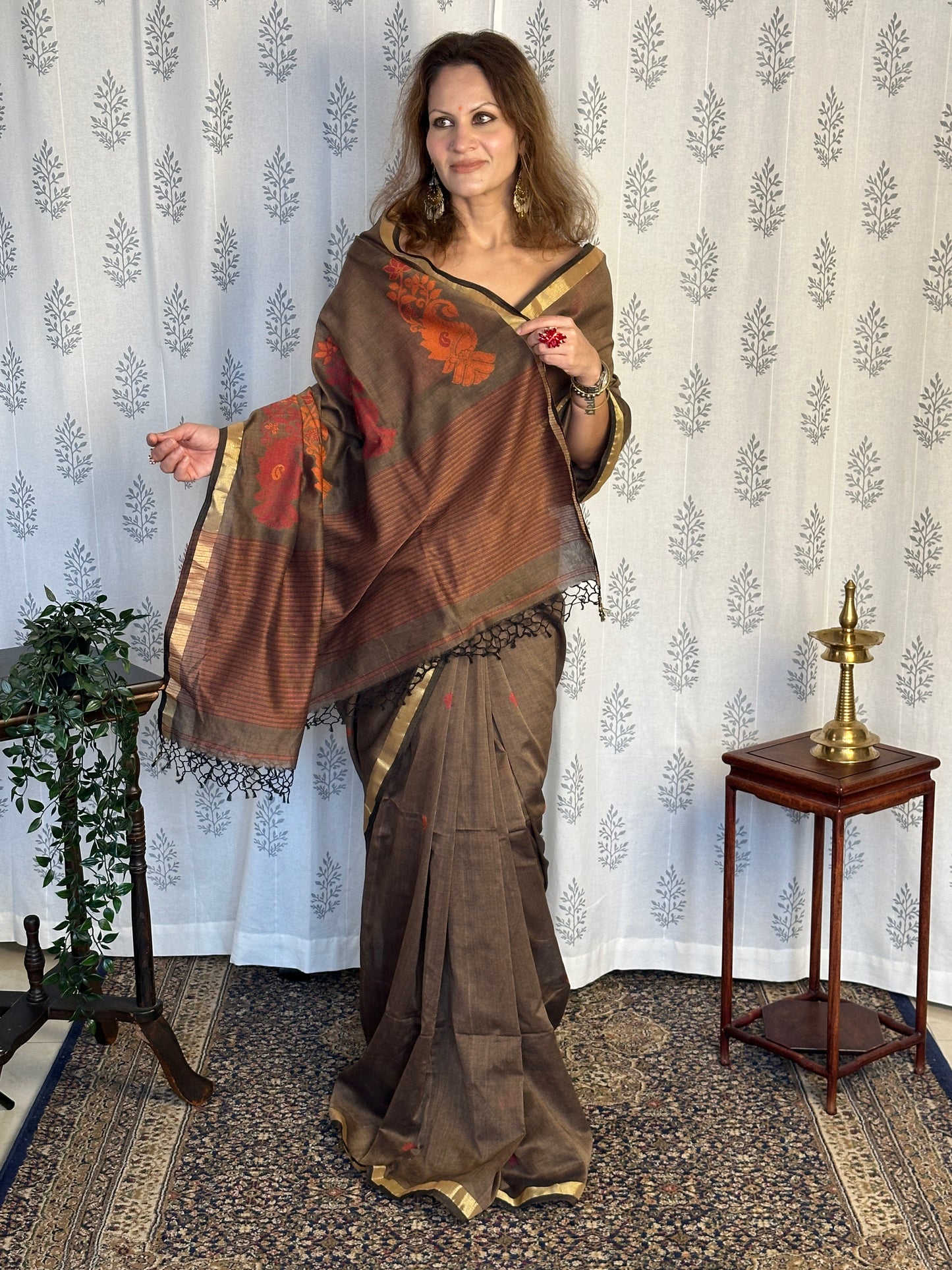 Brown Baluchari Sari with Handwoven Design, Floral Butis, & Zari Border