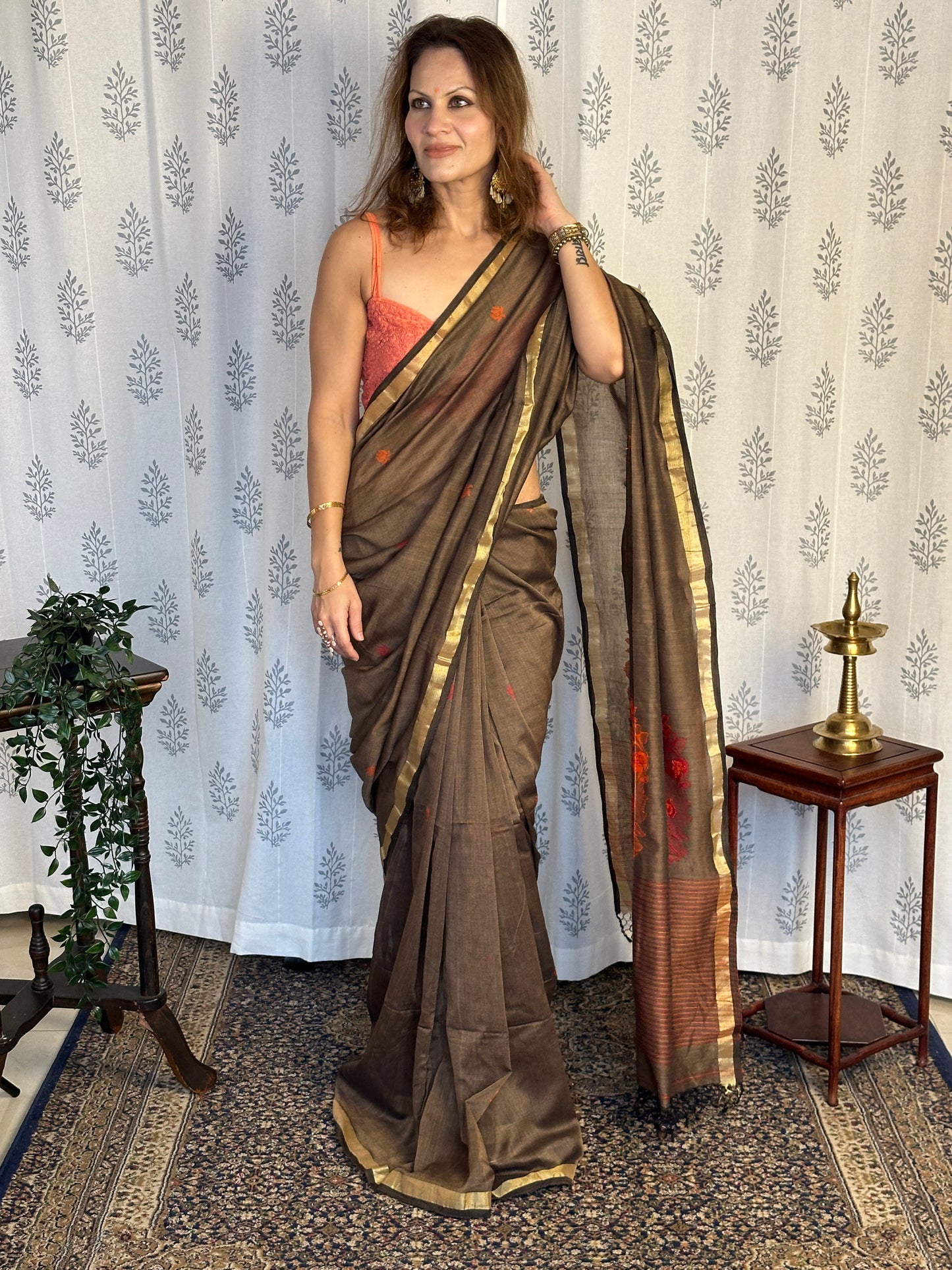 Brown Baluchari Sari with Handwoven Design, Floral Butis, & Zari Border