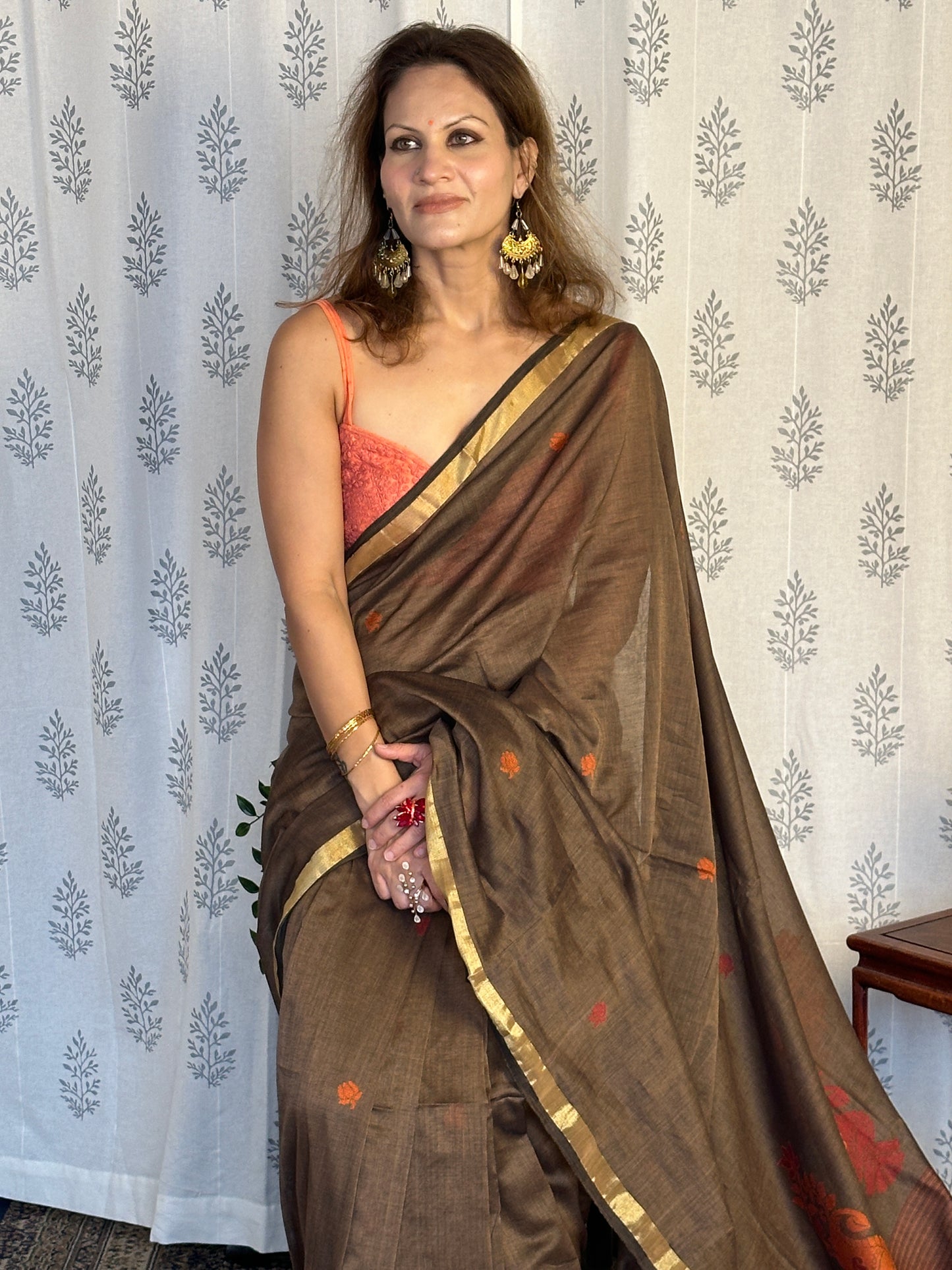 Brown Baluchari Sari with Handwoven Design, Floral Butis, & Zari Border