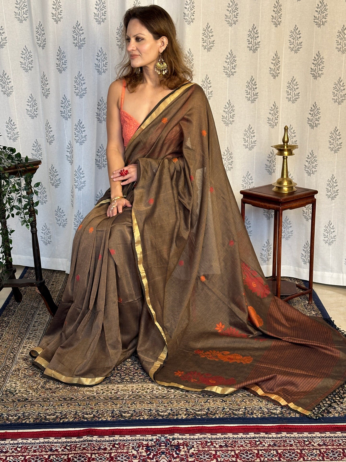 Brown Baluchari Sari with Handwoven Design, Floral Butis, & Zari Border