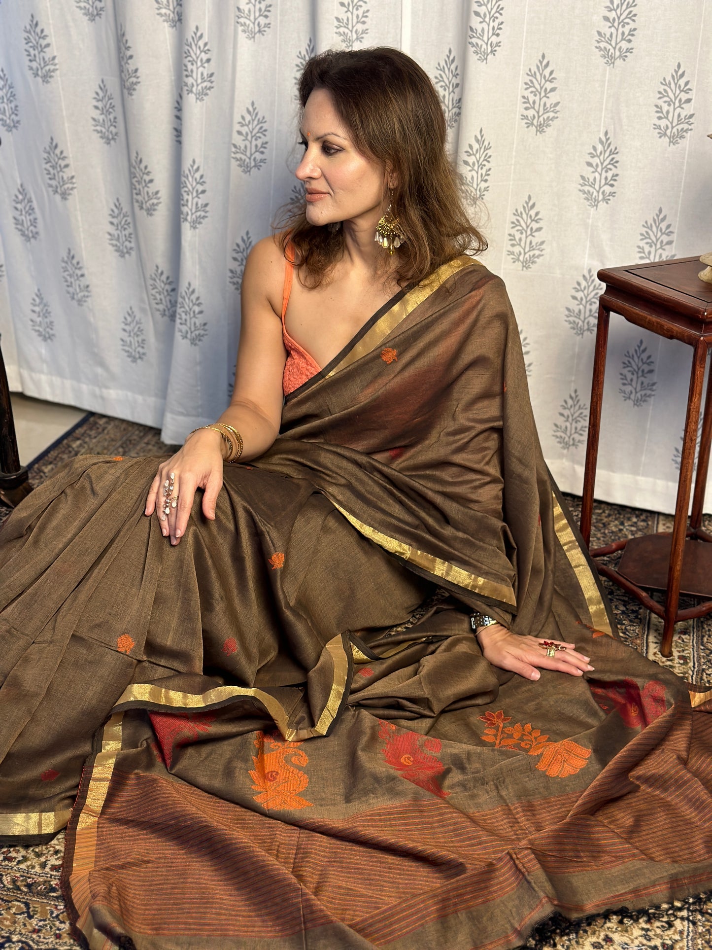 Brown Baluchari Sari with Handwoven Design, Floral Butis, & Zari Border