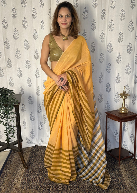 Yellow Handloom Cotton Saree with Tissue and Cotton Checked Pallu