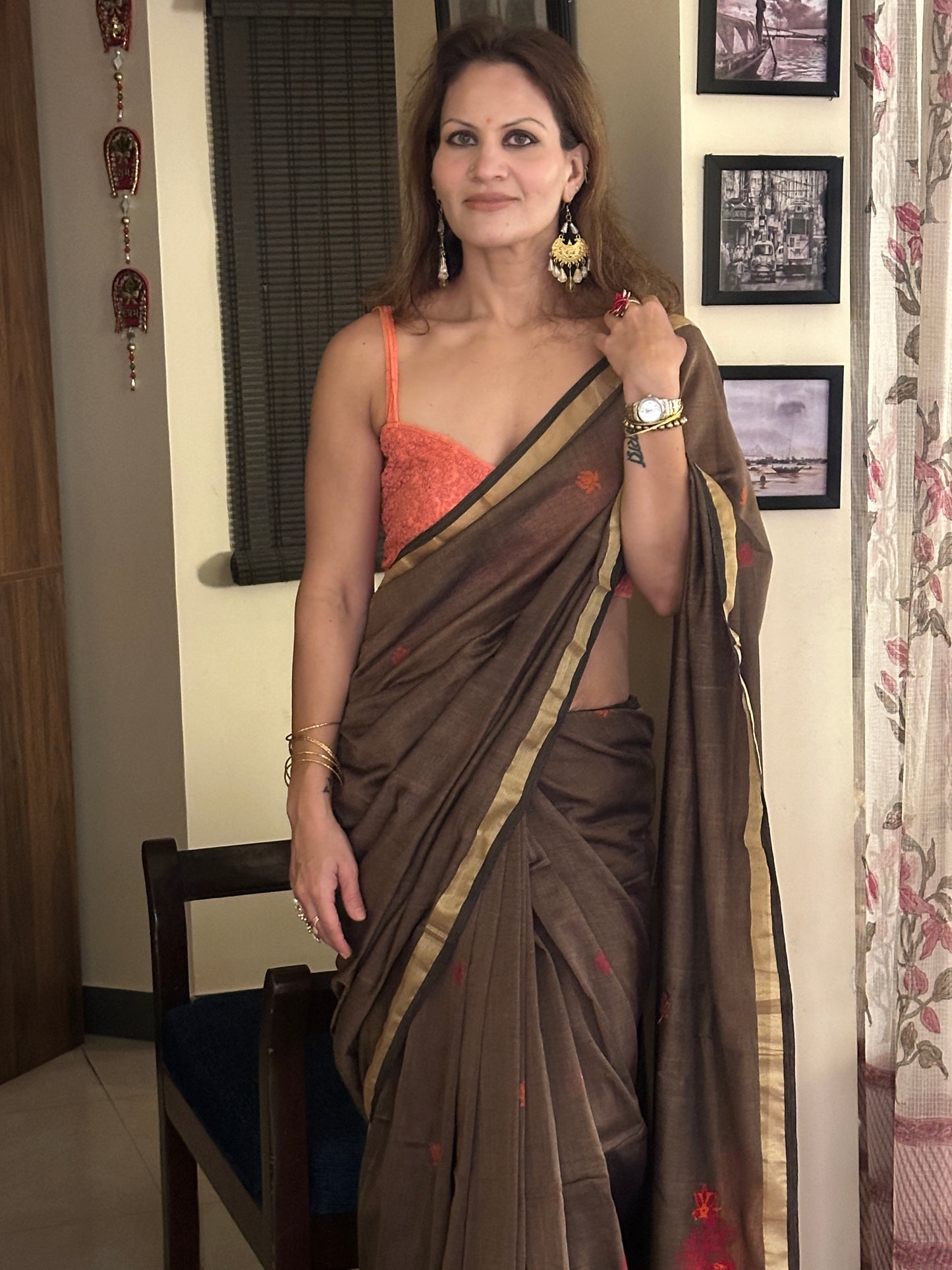 Brown Baluchari Sari with Handwoven Design, Floral Butis, & Zari Border