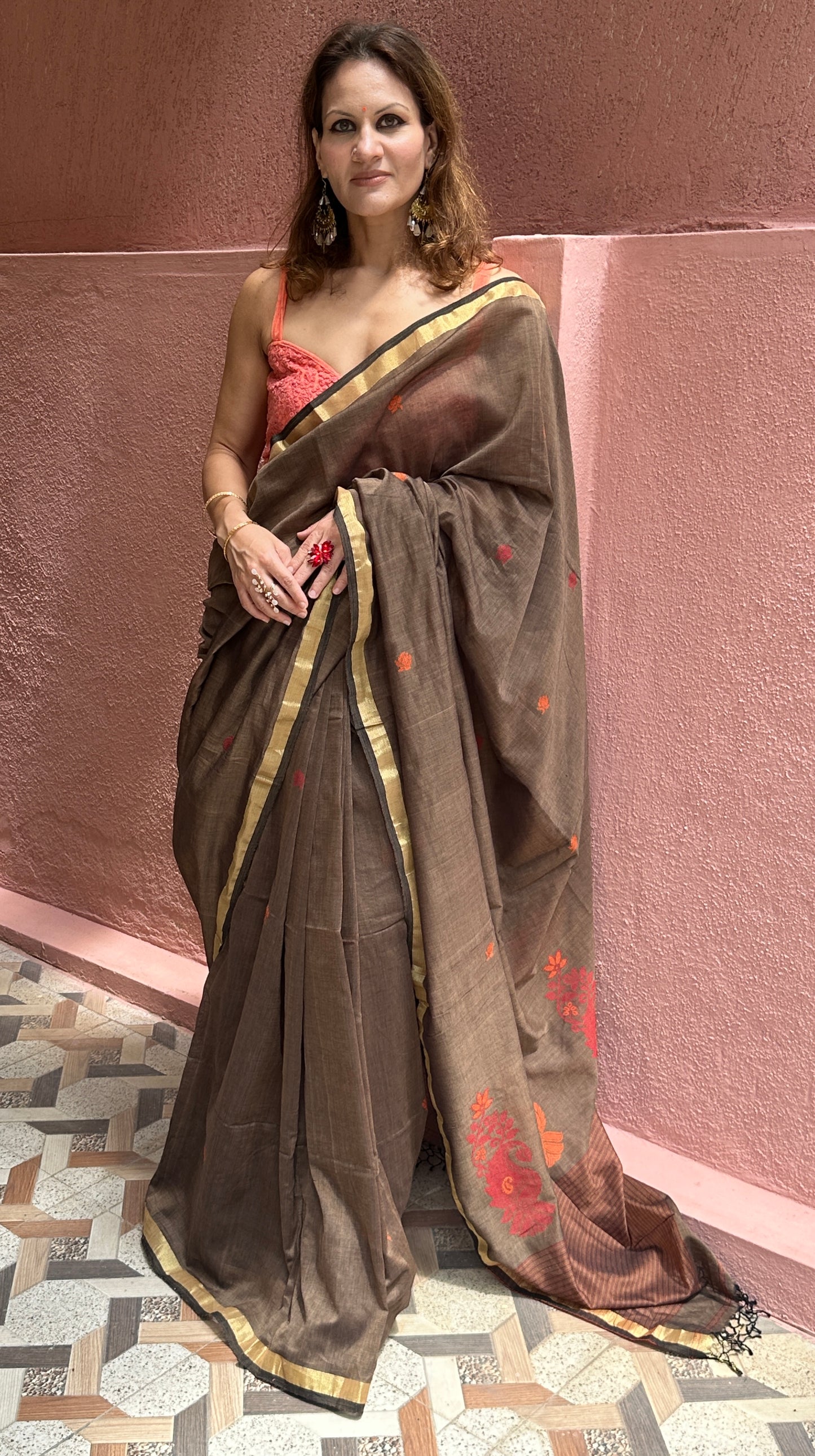 Brown Baluchari Sari with Handwoven Design, Floral Butis, & Zari Border