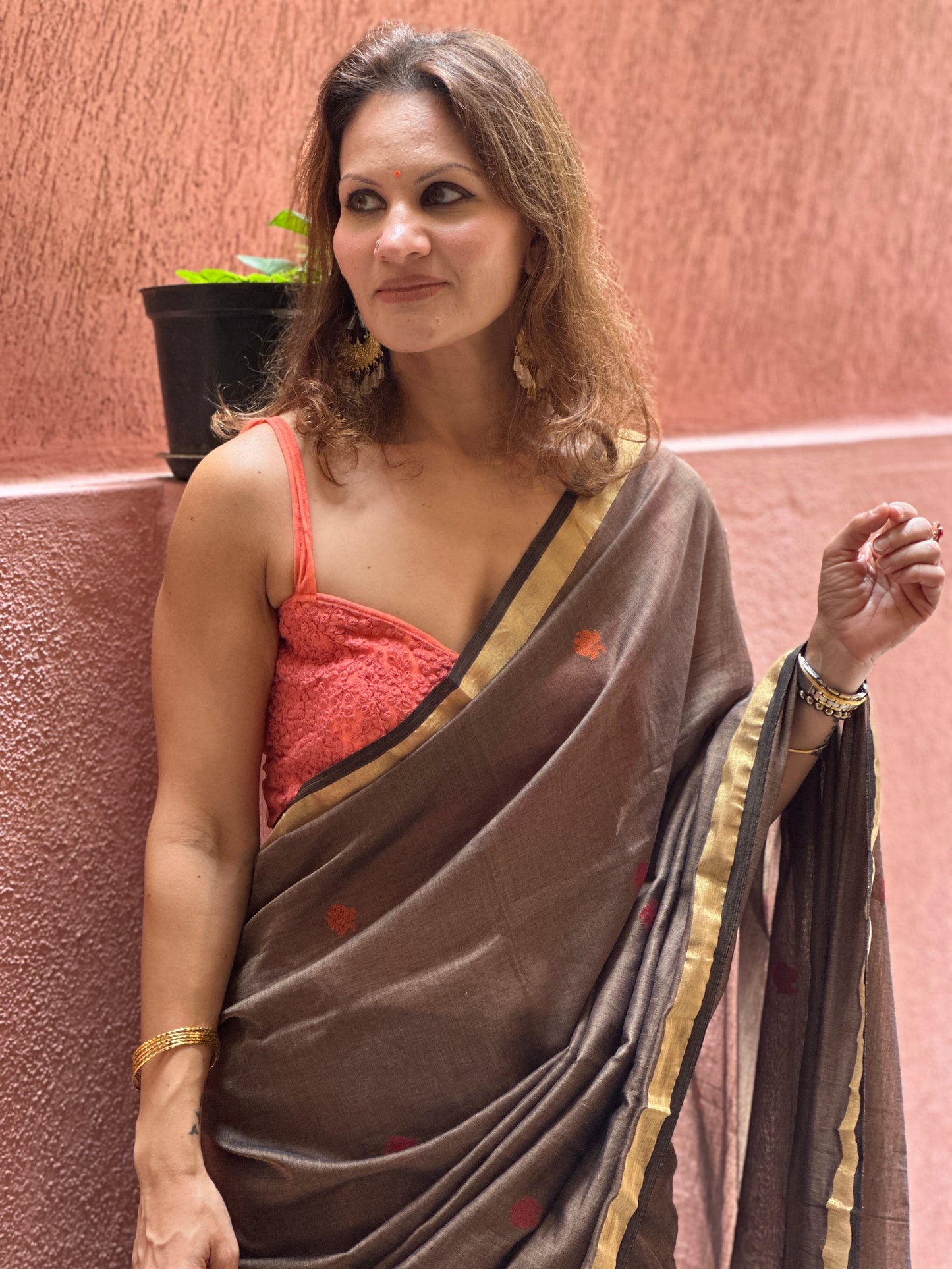 Brown Baluchari Sari with Handwoven Design, Floral Butis, & Zari Border