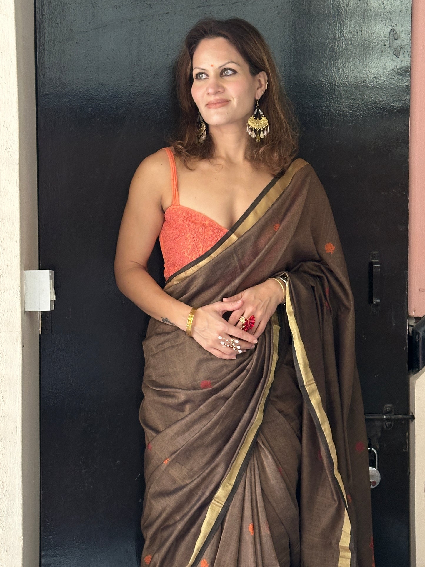 Brown Baluchari Sari with Handwoven Design, Floral Butis, & Zari Border