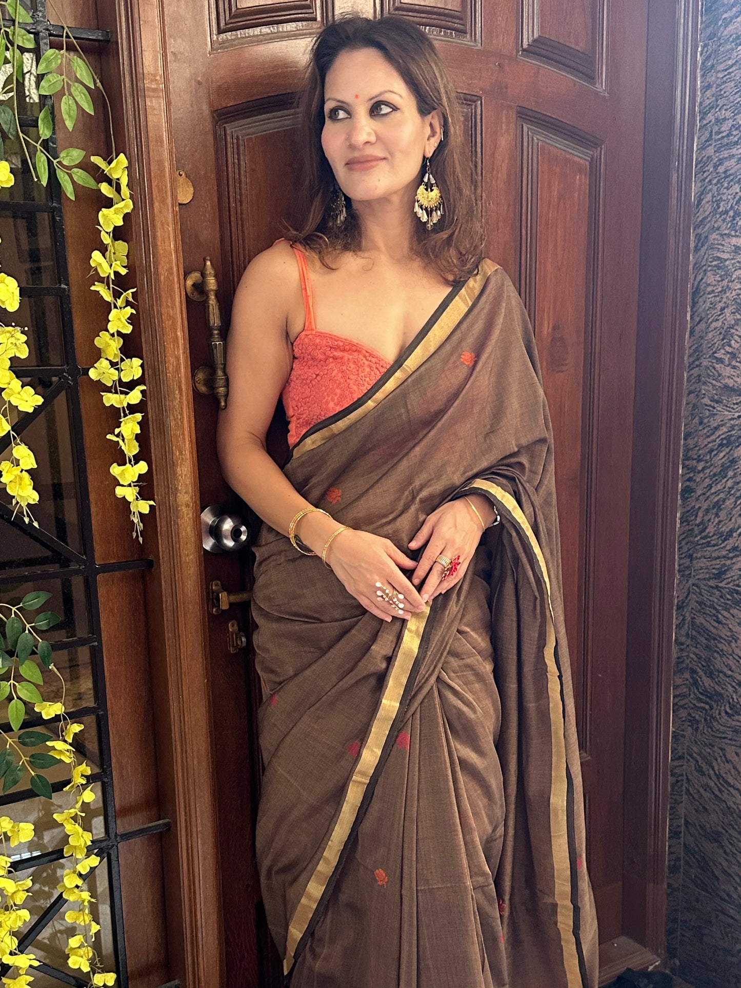 Brown Baluchari Sari with Handwoven Design, Floral Butis, & Zari Border