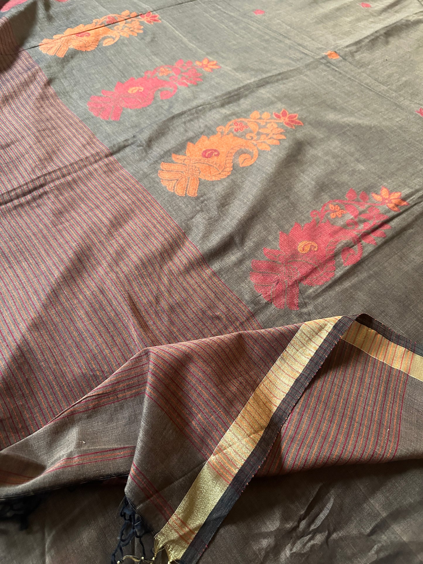 Brown Baluchari Sari with Handwoven Design, Floral Butis, & Zari Border