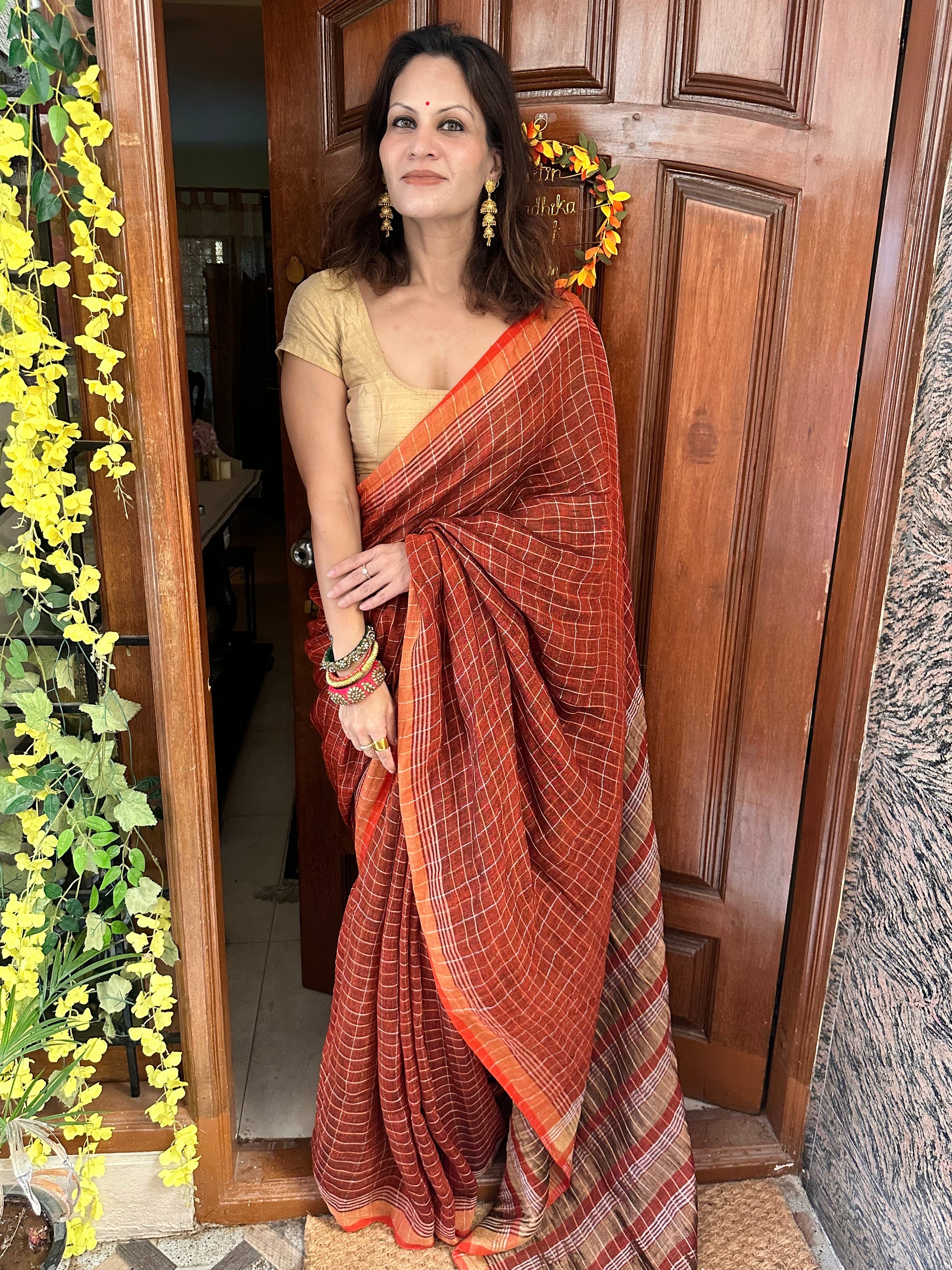 Rust Pure Linen Sari with Silver and Gold Zari Checks - Raahini