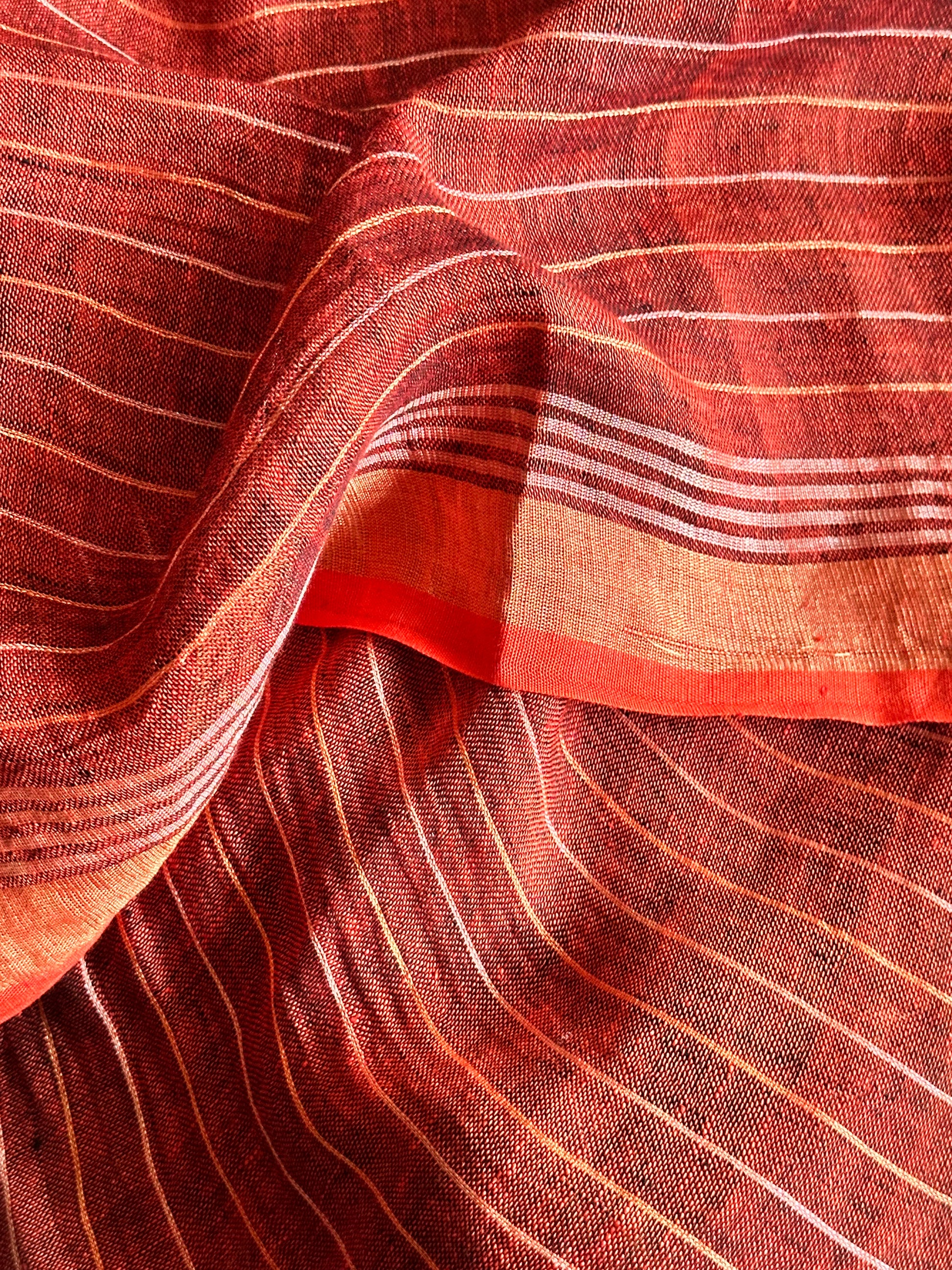 Rust Pure Linen Sari with Silver and Gold Zari Checks - Raahini