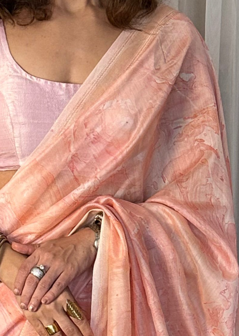 Pink & White Hand Dyed Maheshwari Sari with Marble Hand Print