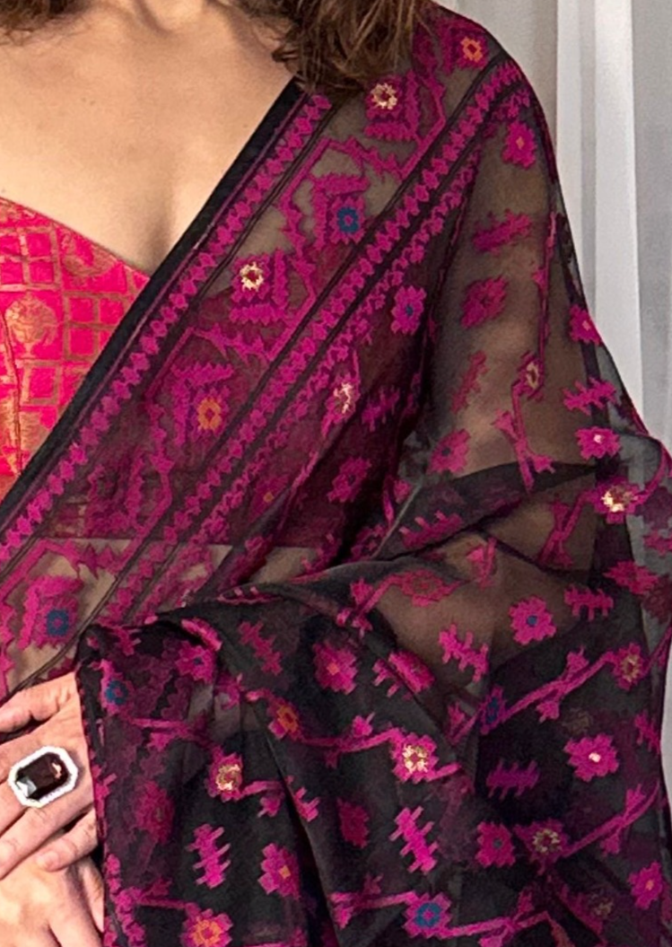 Black & Pink Pure Muslin Silk Handloom Jamdani Sari