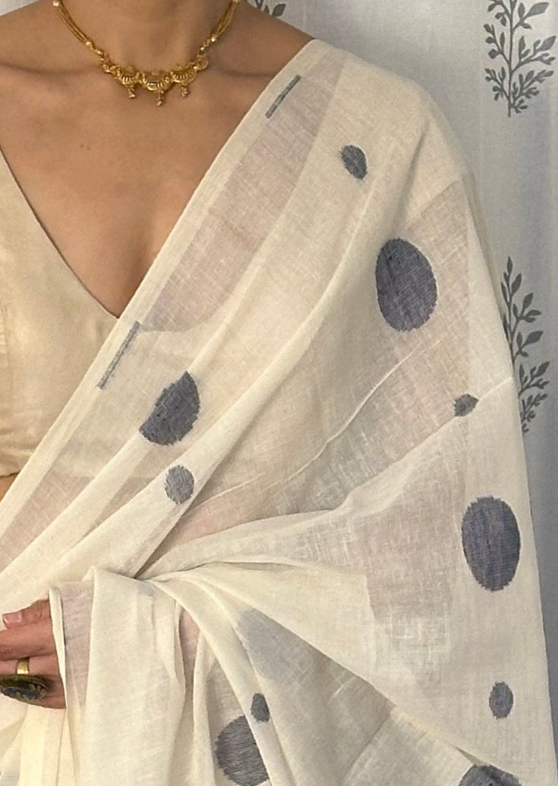 Cream Handloom Soft Cotton Jamdani Sari with Blue Woven Polka Dots & Intricate Work Woven Pallu