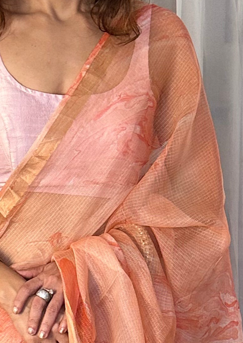 Peach Kota Silk Marble Hand Print Sari