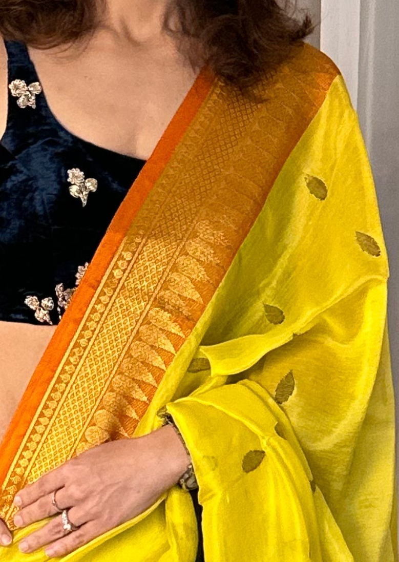 Yellow Pure Katan Silk and Cotton Banarasi Sari with Zari Work