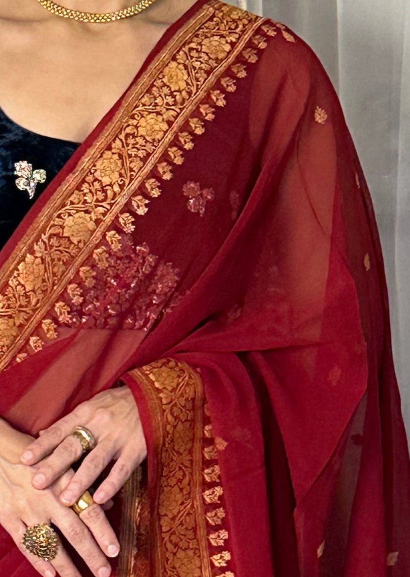 Red Pure Chiffon Khaddi Banarasi Sari with Intricate Gold Zari Work