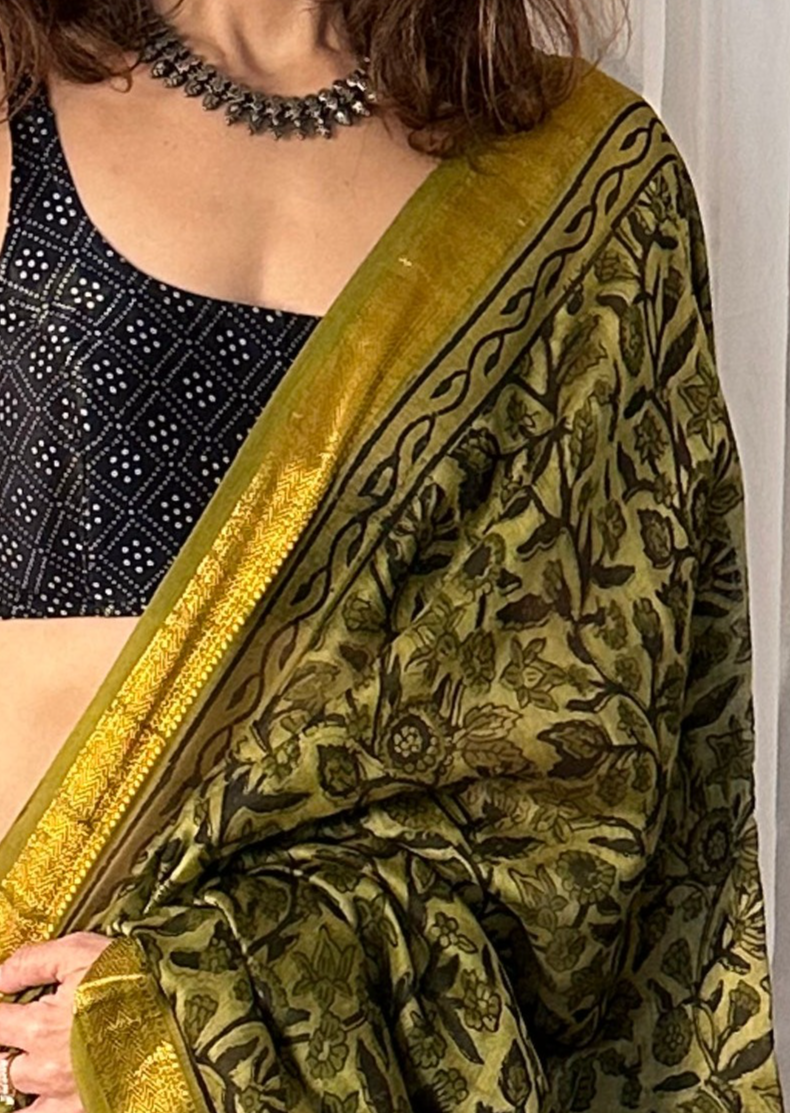 Green Natural Vanaspati Block Print Maheshwari Sari with Zari Border