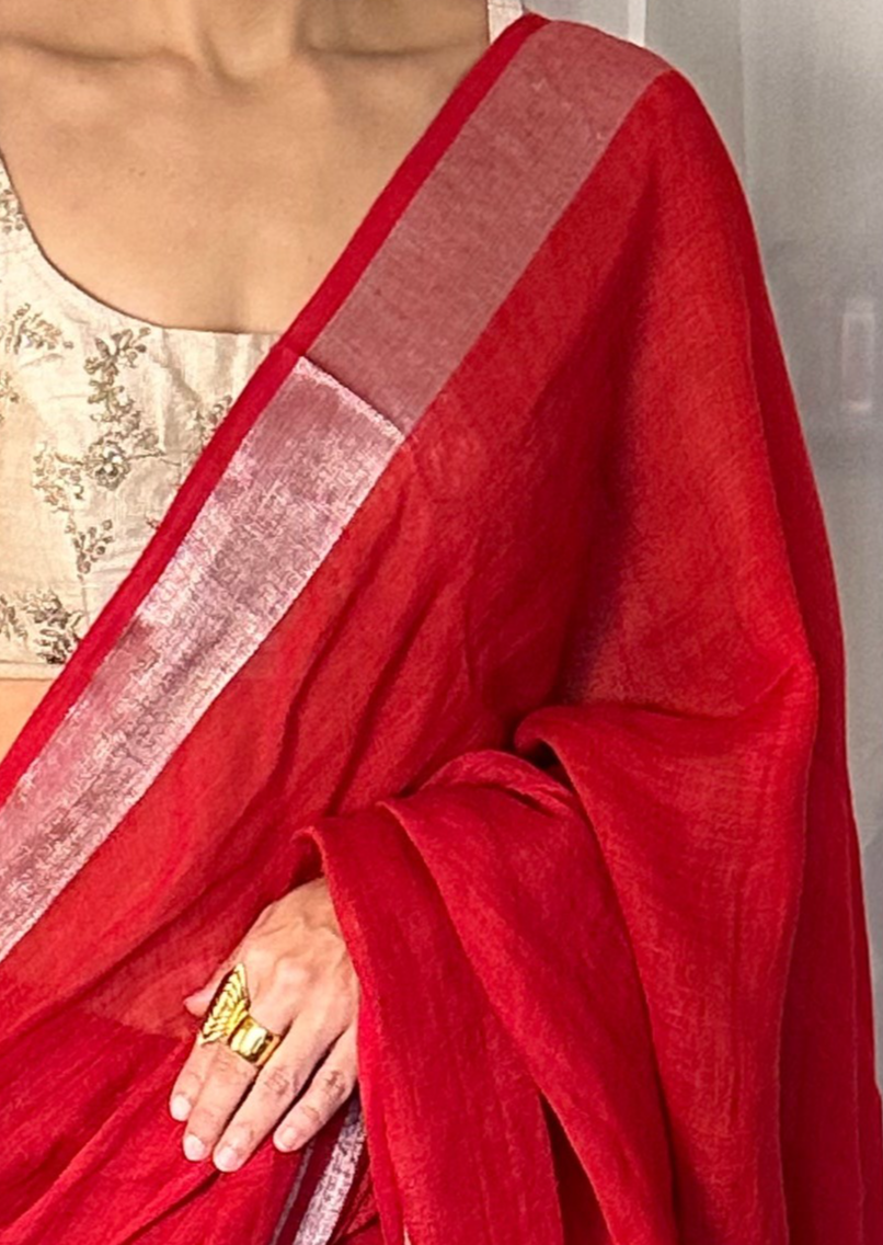 Red Pure Linen Sari with Silver and Gold Border and Gold Zari Pallu