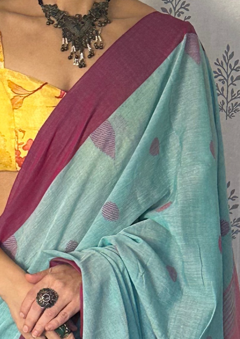 Green Handloom Pure Cotton Jamdani Sari with Woven Delicate Motifs & Contrast Pink Border & Pallu